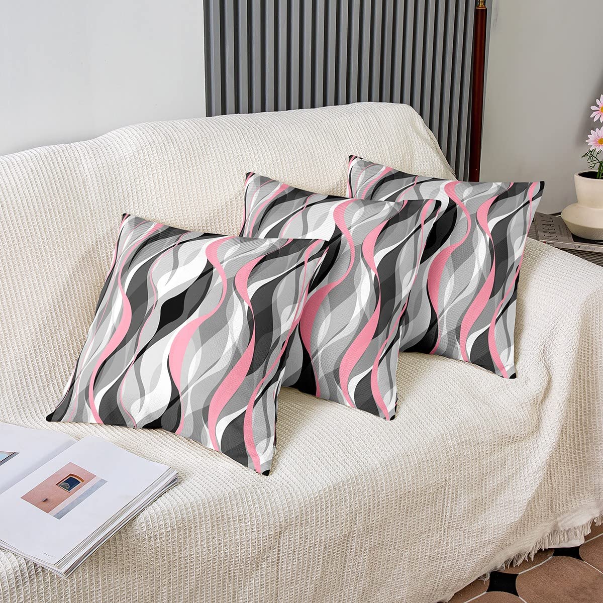Loussiesd Pink Grey Black Stripes Reversible Throw Pillow Covers Kids Geometric Pillow Covers Home Decor for Square Cushion Covers Set of 2 Modern Striped Art Abstract Art 18x18 Inch - Image 4