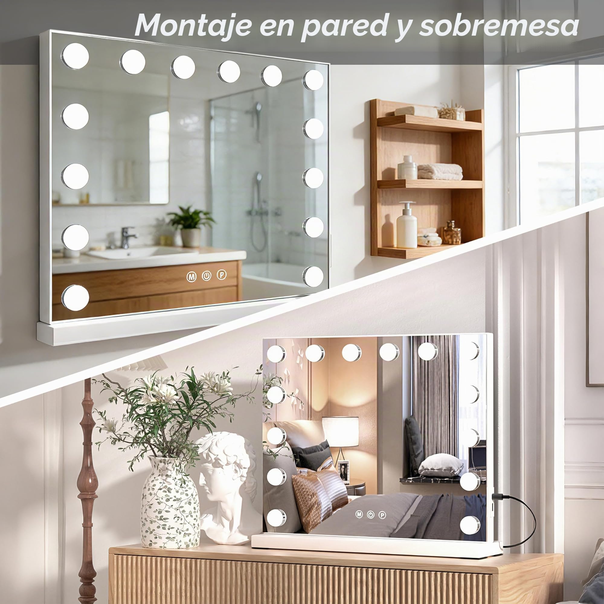 Espejo de Maquillaje con Luz Hollywood 50x42 cm, Espejo Tocador con 14 Bombillas LED Regulables, 3 Modos de Color, Puerto de Carga USB, Control Táctil y Espejo de Aumento 10X, Sobremesa o Pared, Blanc