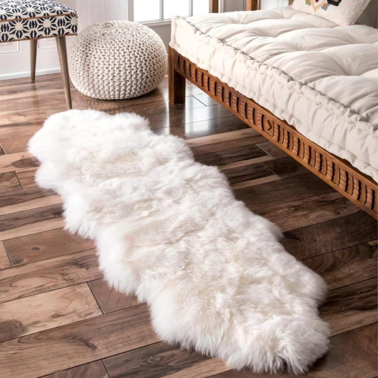 Sheepskin Runner,Genuine New Zealand Fluffy Natural Lambskin Real Sheep Skin Fur Throw Area Rug for Livingroom,Bedroom,Sofa and Chair, Yoga mat and Dog Mat(Double Pelt 2x6 ft, Ivory White)
