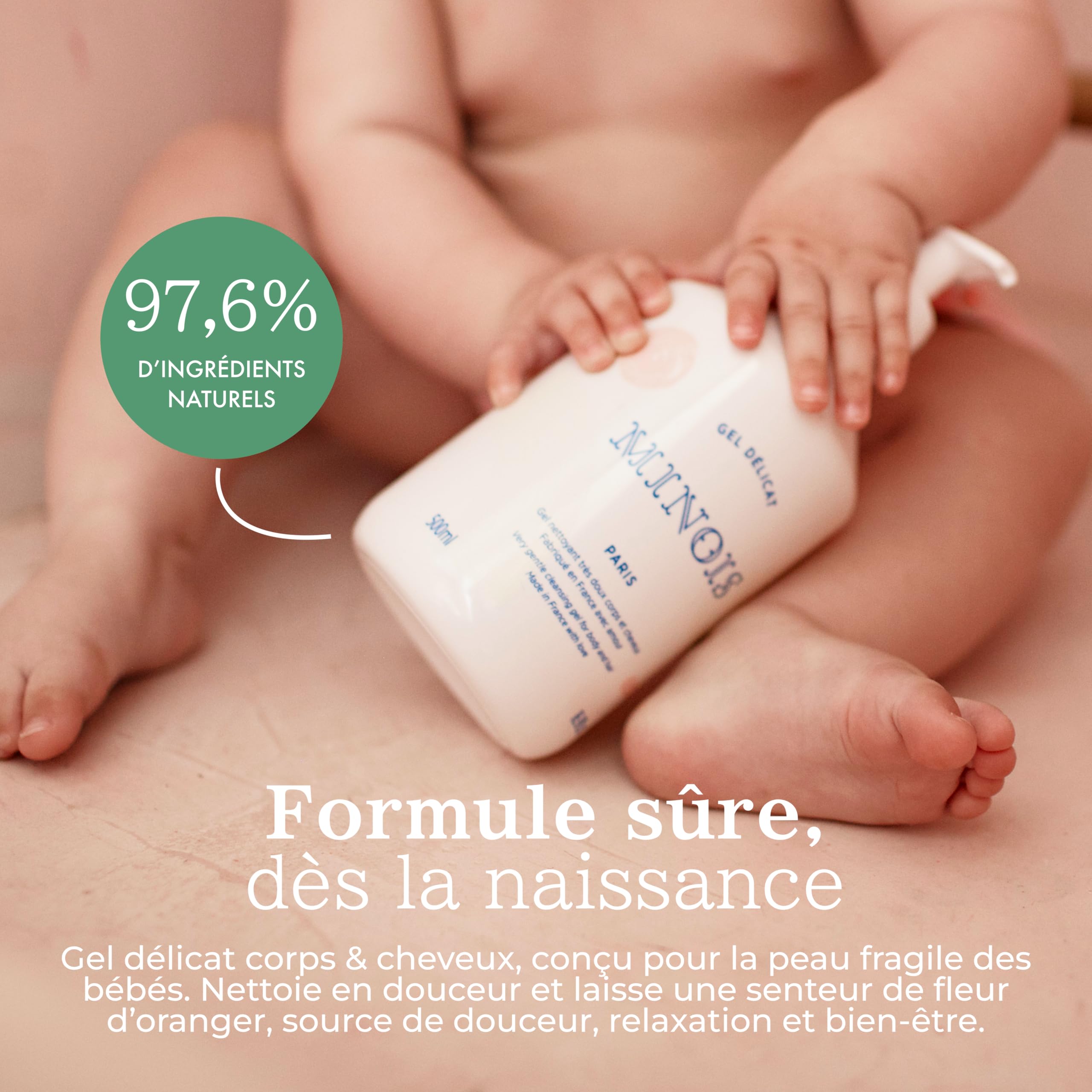 Minois Paris - Gel Lavant Délicat pour Bébé - Corps & Cheveux Facile à rincer - Apaise les Peaux Sensibles - Ingrédients 97,6 % Origine Naturelle - Sans Parabènes & Sulfates - Made in France - 500ML