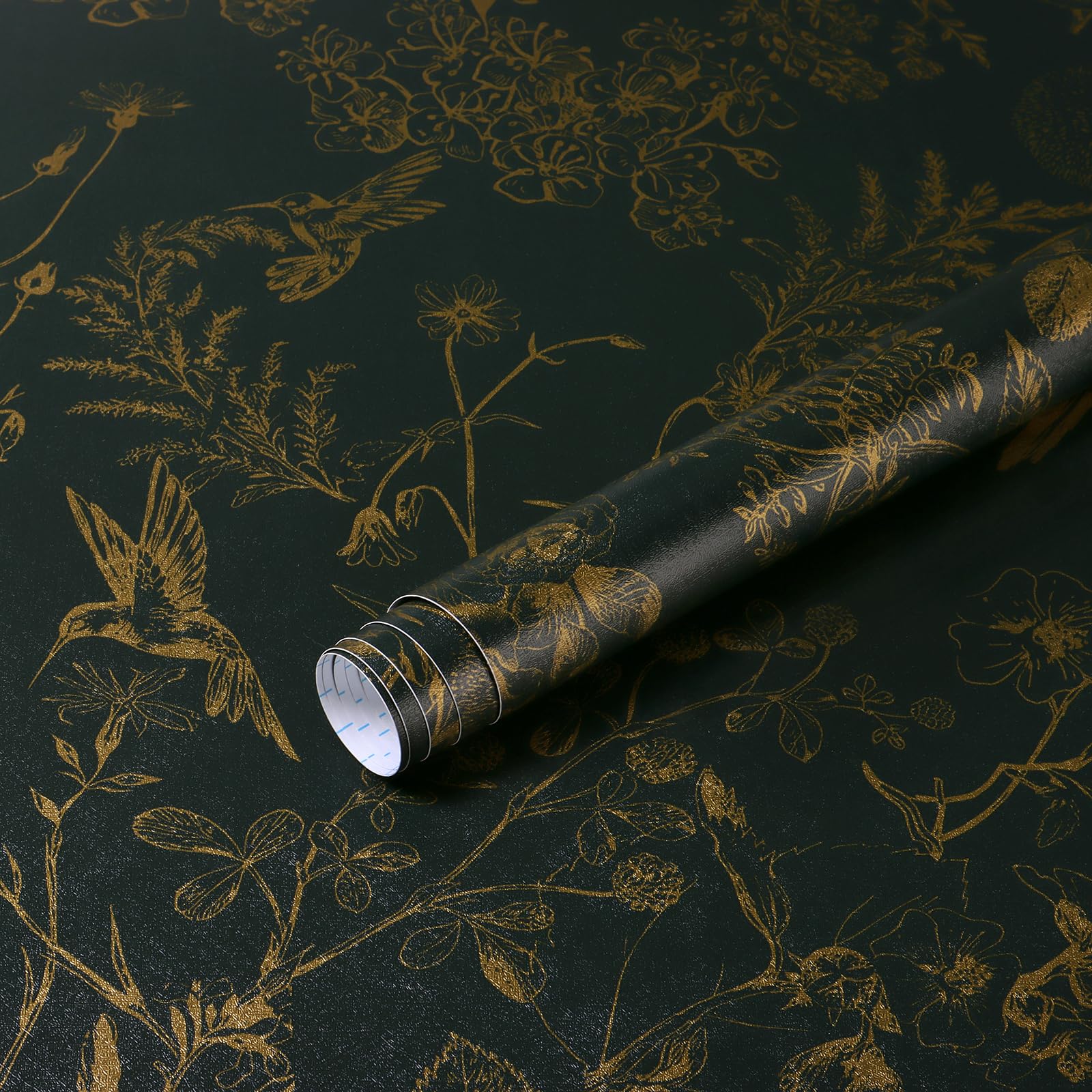 Yomshi Self Adhesive Wallpaper Black Gold Peel and Stick Wallpaper Floral Leaf Wallpaper Bird Removable Vinyl Film for Living Room Bedroom Wall Cabinet 44cmร10m