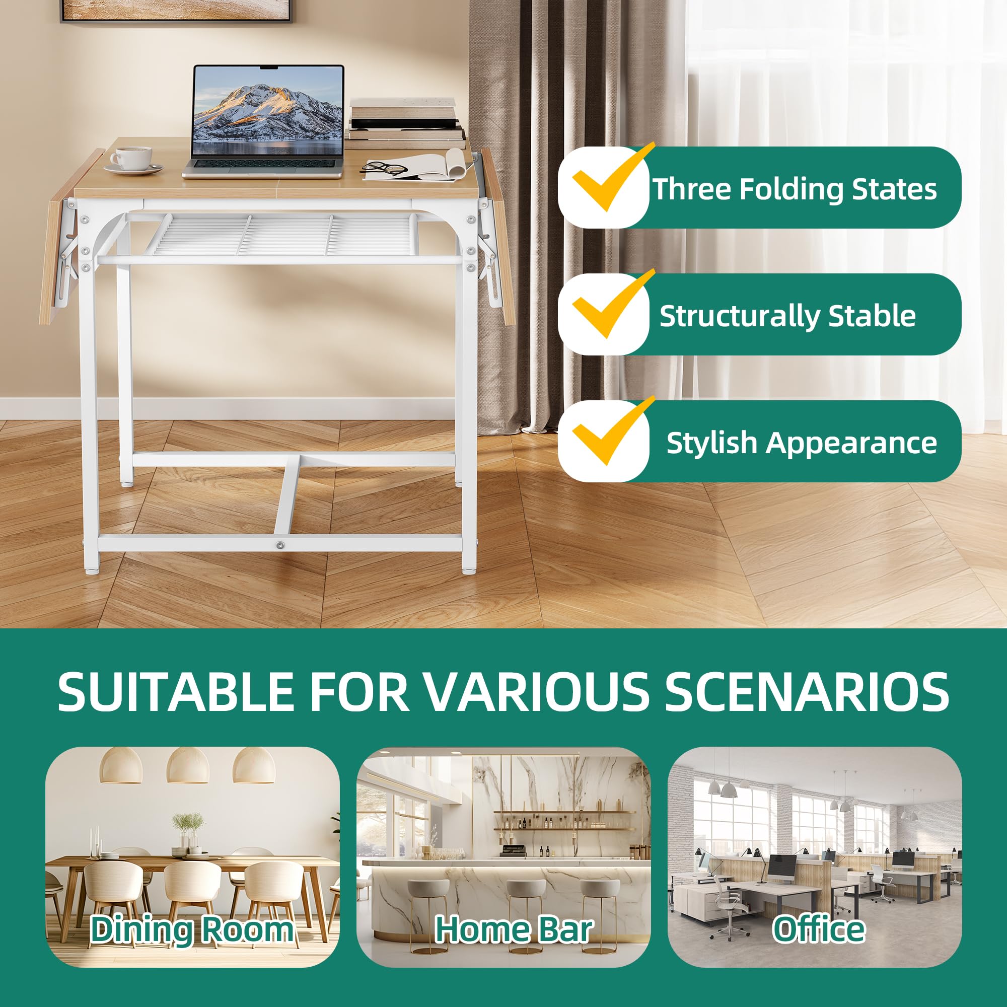 YITAHOME Table à Manger Pliante, Table à Feuilles Extensible avec Porte-Bagages et 4 Jambes réglables, sièges 2-6 Personnes, 120 x 78 x 75cm, chêne Jaune et Blanc