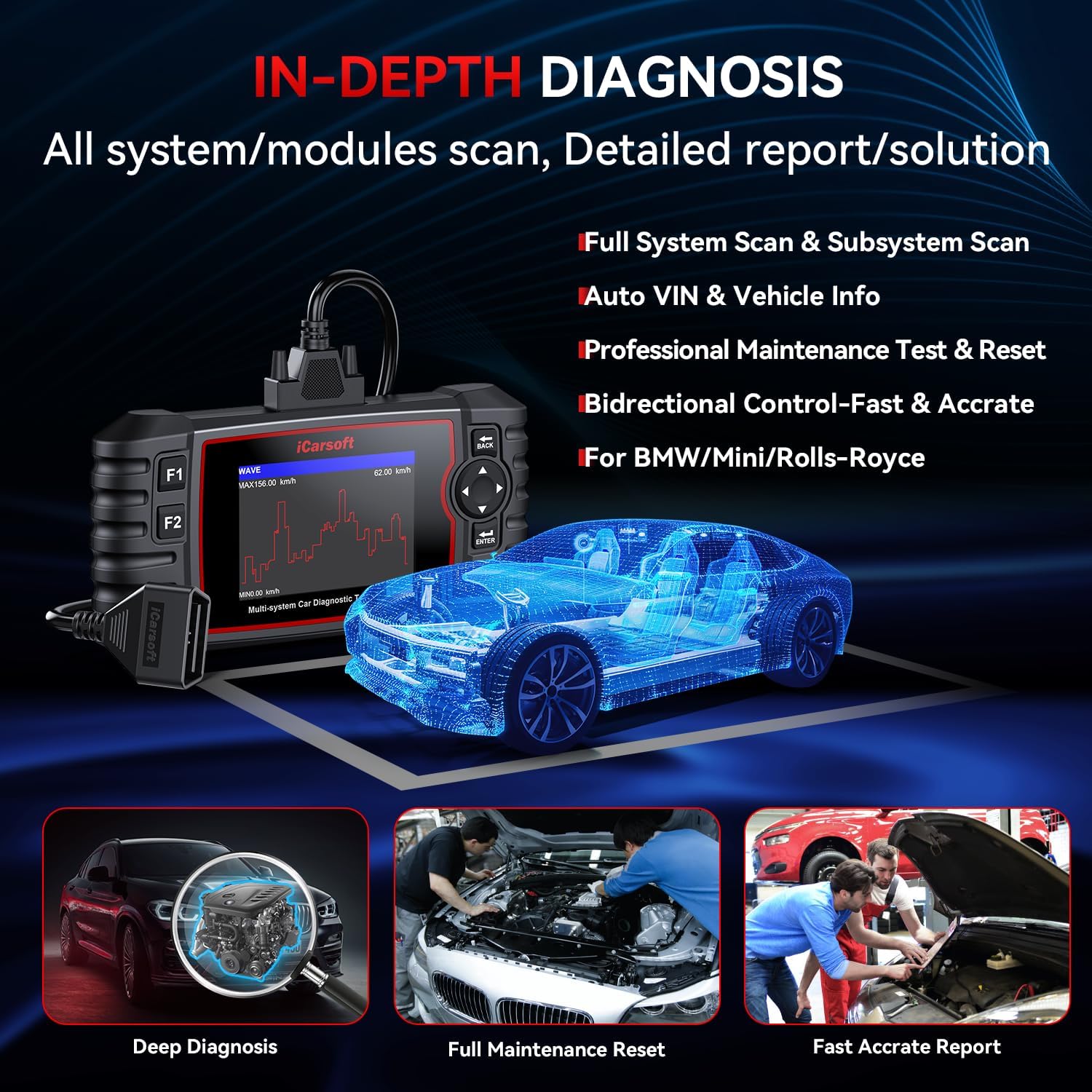 iCarsoft Bidirectional Diagnostic Tool for BMW/Rolls-Royce/Mini, BMM V3.0 All Resets/Battery Registration/ECU Coding Full System OBD2 Scanner for BMW Code Reader, Battery Test,Auto VIN-2025 Ver