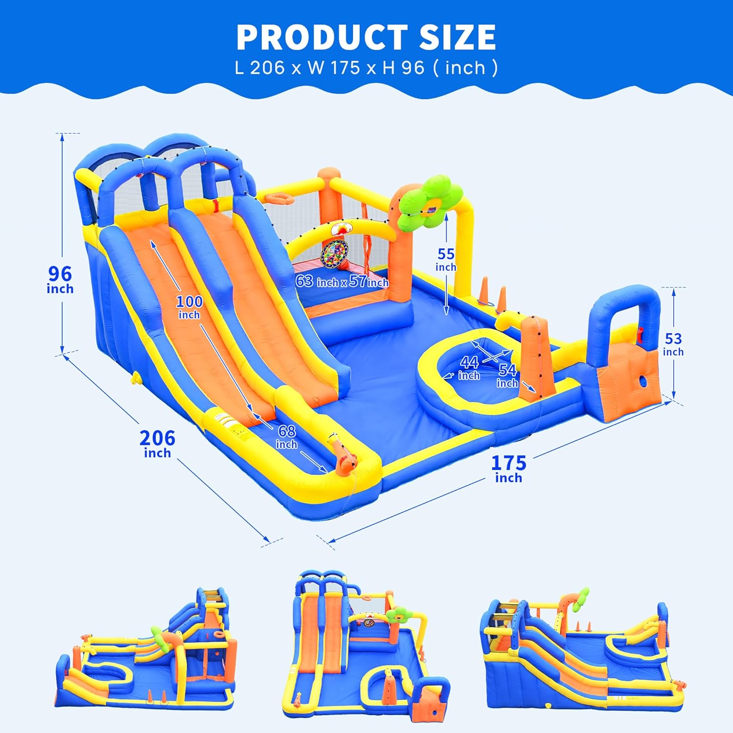 WELLFUNTIME Inflatable Water Slide & Water Park with Blower, Bounce House Jumping Castle Bouncy Castle, Triple Slide Park, 3 Slides, Dartboard, Ring Toss Game & Climbing Wall