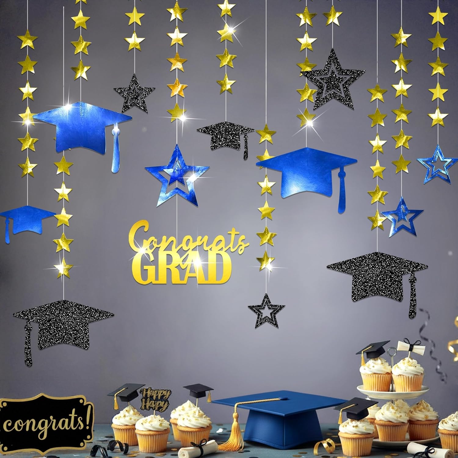 Cheerland Winter Graduation Party Decorations Blue and Gold Hanging Photo Backdrop Kit Congrats Grad Giltter 2025 Hanging Wall Banner University High School College Celebration Supplies 12Pcs - Image 3