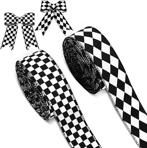 2 rollos20 yardas, cintas a cuadros en blanco y negro, cinta de borde con alambre a cuadros de diamante, cinta de envoltura para árbol de Navidad,