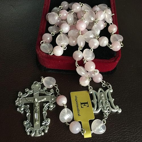 Miniatura 6 de elegantmedical - Collar de cristal rosa de cuarzo católico de 5 décadas rosario de Italia crucifijo en caja de regalo