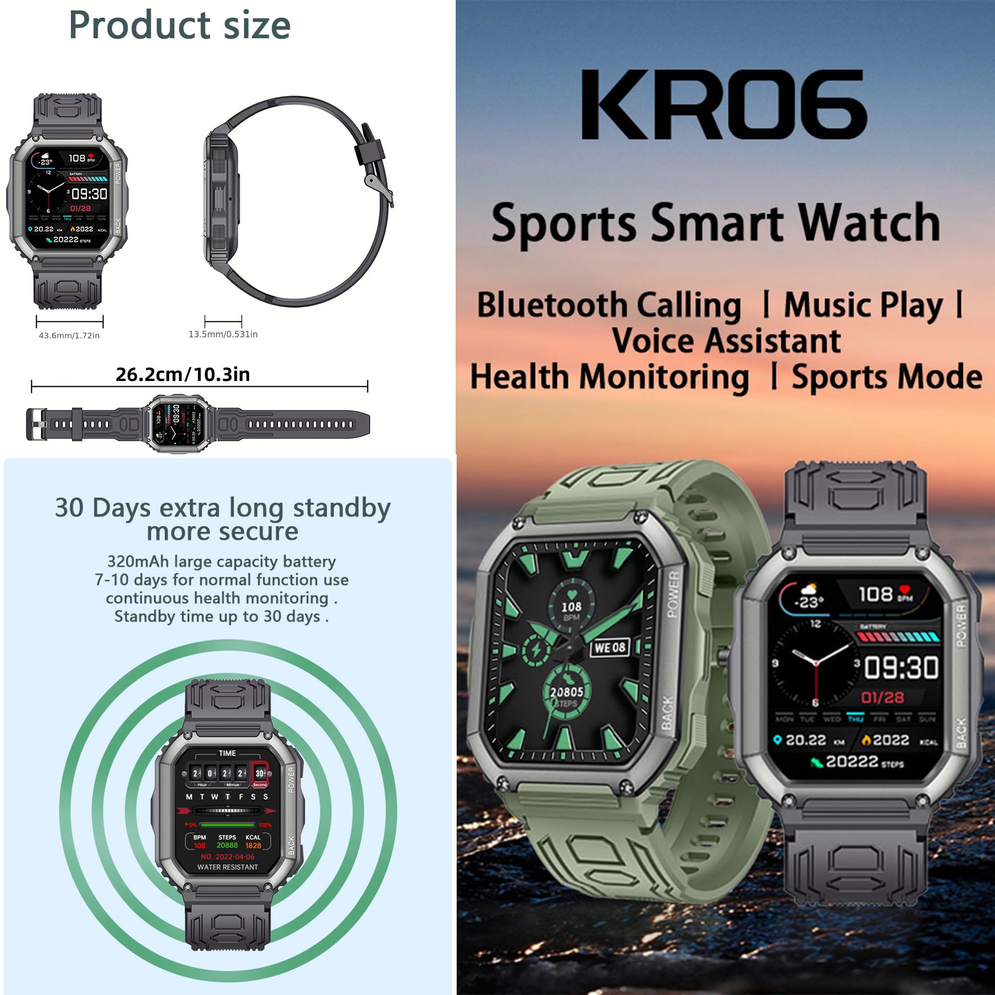 Smart Watch męski z funkcją telefonu, 1,8" HD, zegarek sportowy z Bluetooth, do monitorowania tętna i krokomierza, dla systemów iOS i Android, z 3 paskami (czarny)
