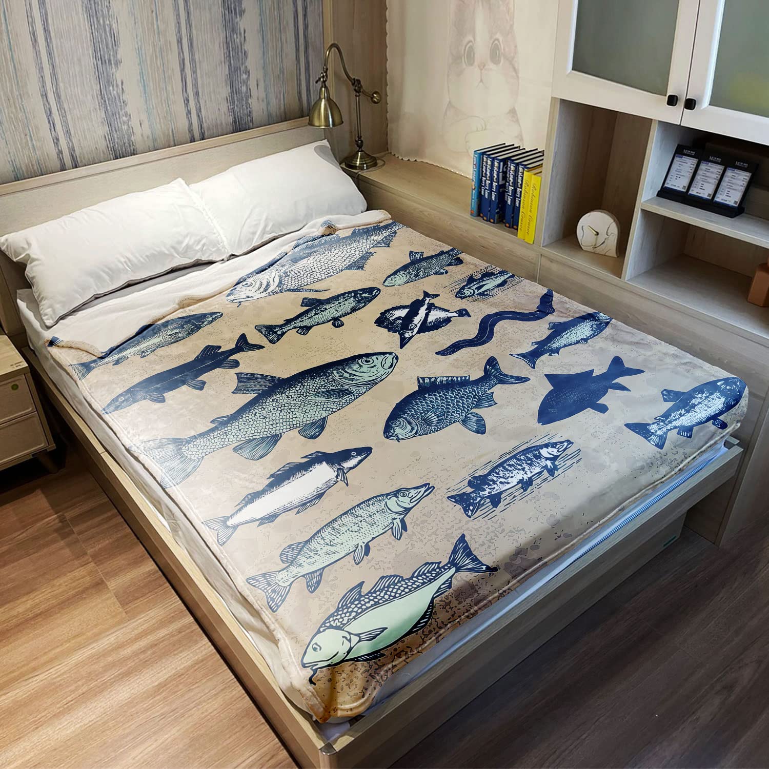 150x200 cm Flanell Weich Fleecedecke Kuscheldecken SanftBettüberwurf Decke Retro Fisch Kollektion