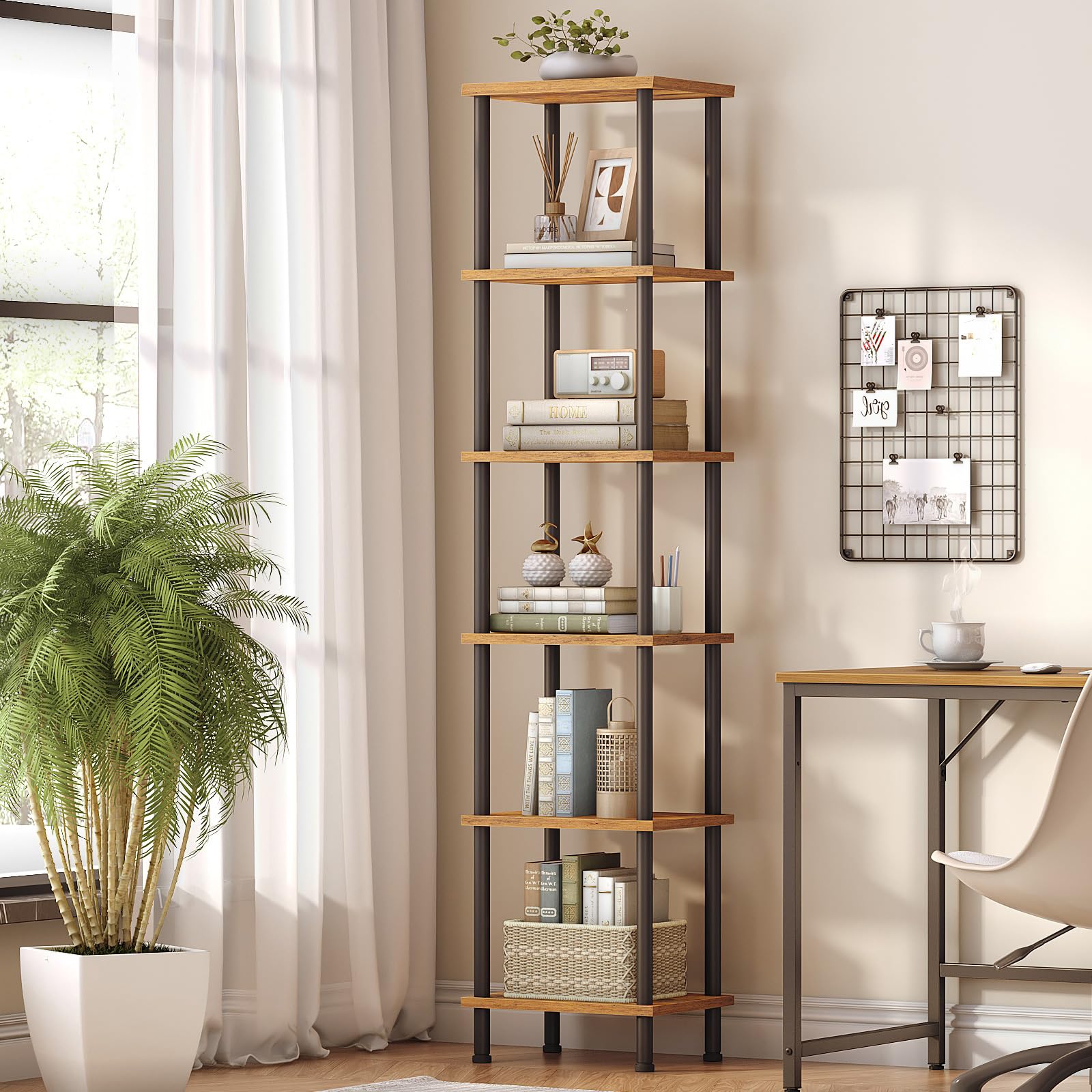 HOOBRO Librería de Estilo Industrial de 6 Niveles, Estantería de Almacenamiento Vintage de Gran Capacidad, Almacenaje y Exhibición, para Salón, Estudio, Oficina, Marrón Rústico y Negro EBF165SJ01