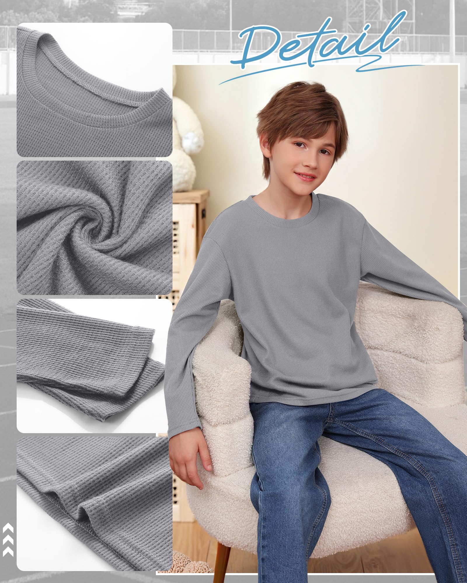 Clabby Pack de 3 Camisetas de Manga Larga Tipo gofre para niños de 5 a 14 años, Camisetas térmicas básicas para jóvenes
