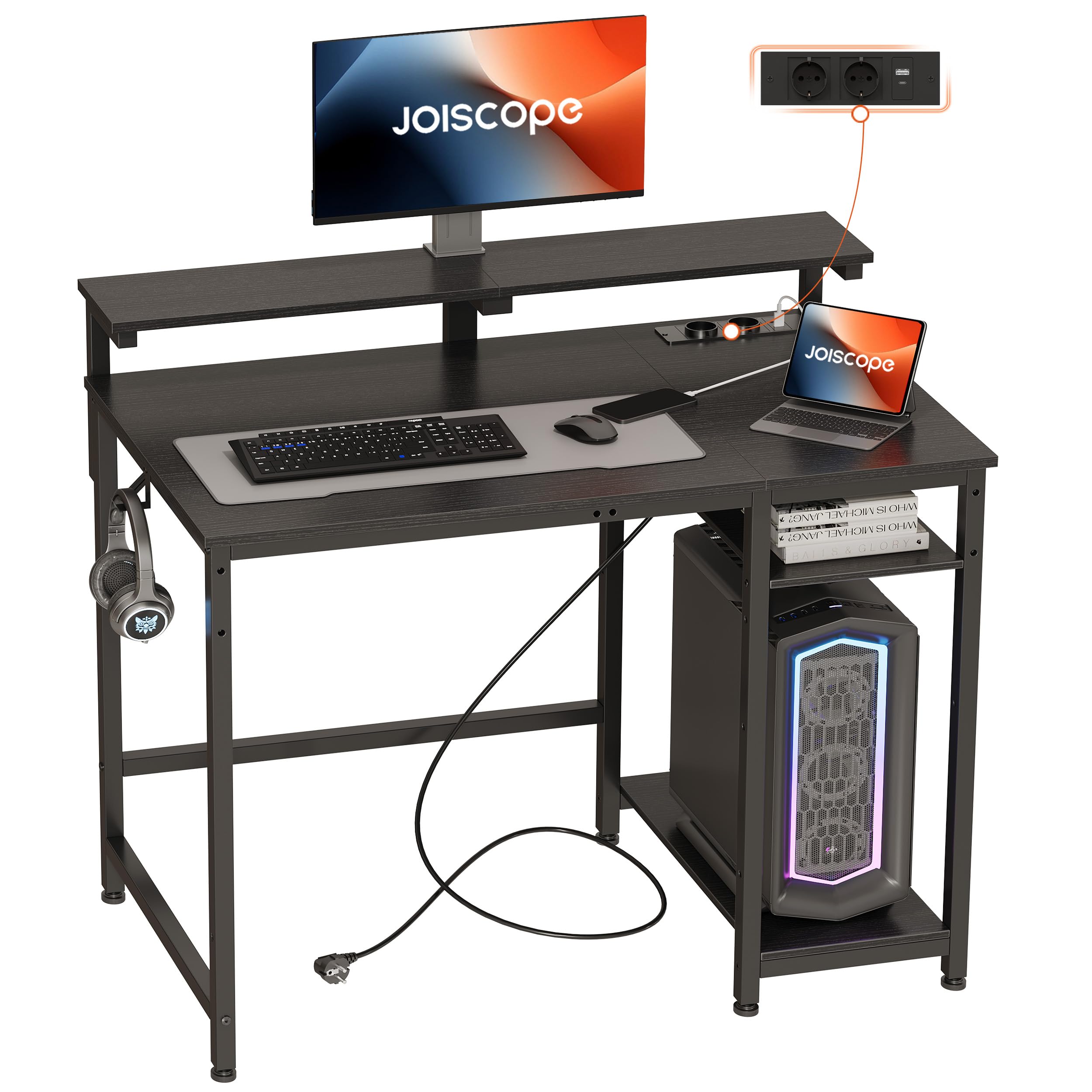 Mesa Escritorio con Puertos Type-C & USB, Escritorio de Ordenador con Soporte para Monitor, Estante de Almacenamiento Reversible y Ganchos, Escritorio Gaming, 100 CM, Negro