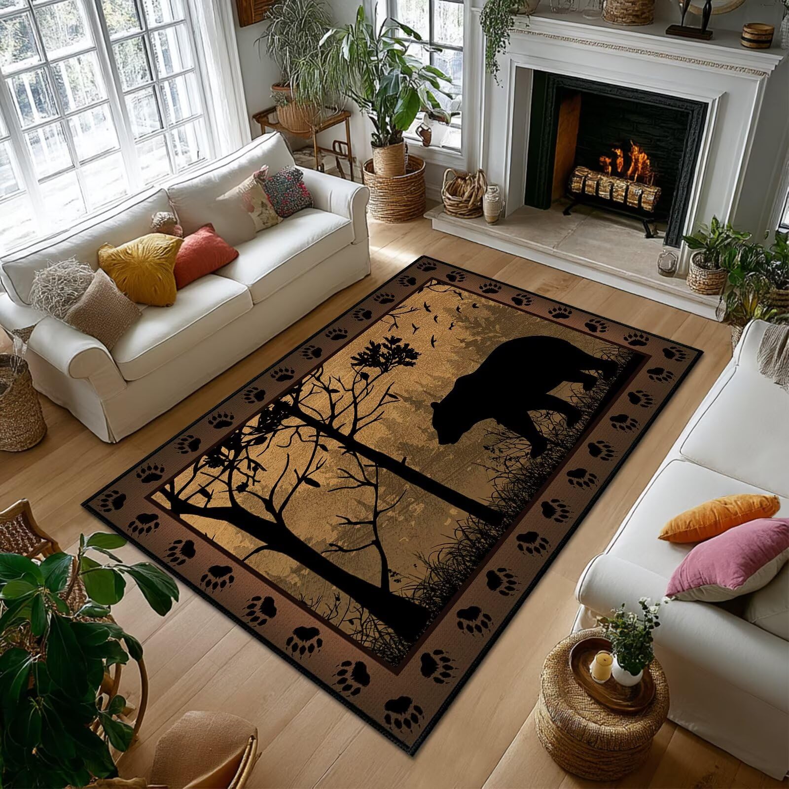 Cabin Rustic Area Rug 5x7 Bear Country Wildlife Vintage Area Carpets for Bedroom Ultra-Thin Washable Throw Floor Rugs