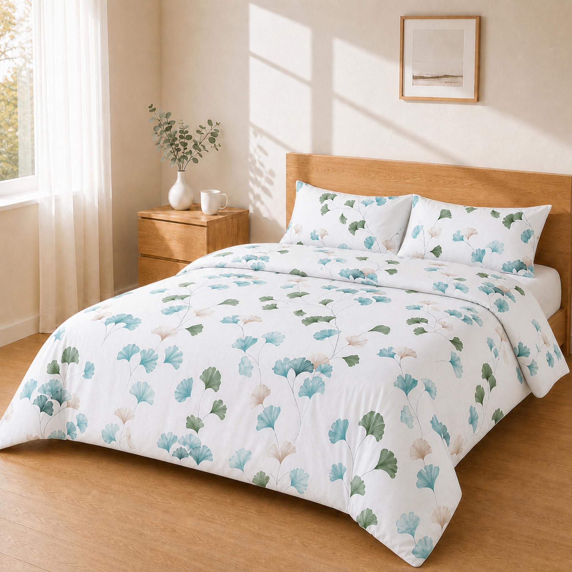 Homebliss Bed Linen Set 260 x 240 cm + 50 x 80 cm, 2 Pieces, Ginkgo Leaves Green
