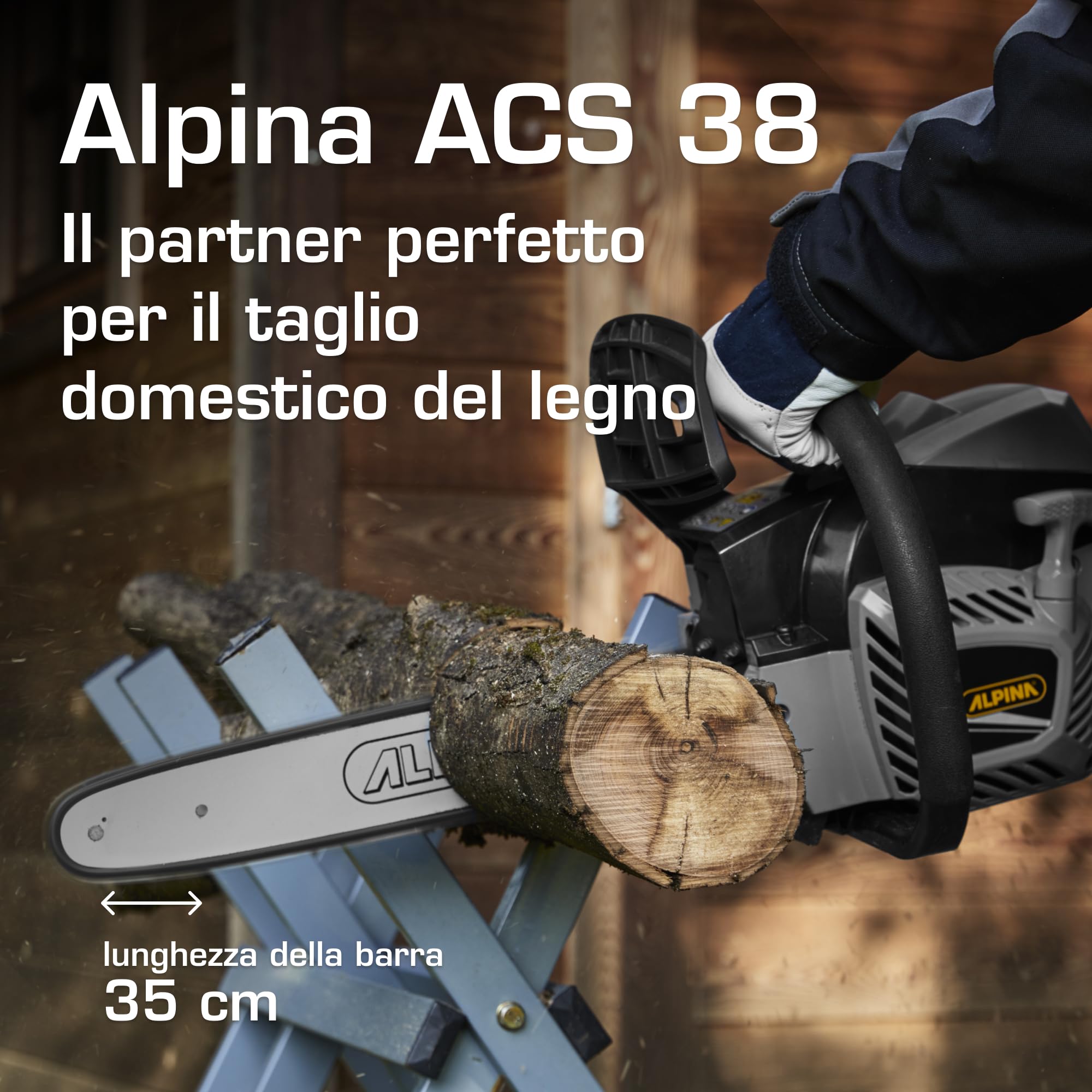 Alpina ACS 38 Motosega a Miscela, 37,2 cc, 35 cm – Easy Start, Pompa Olio Automatica – Potatura e Taglio Ceppi Domestico