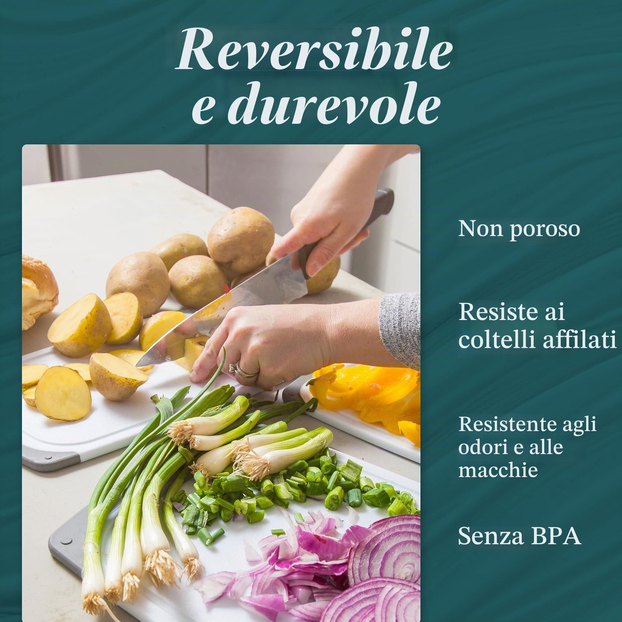 HOMWE Set di taglieri in plastica, 3 taglieri da cucina con manici facili da impugnare e scanalature per succhi