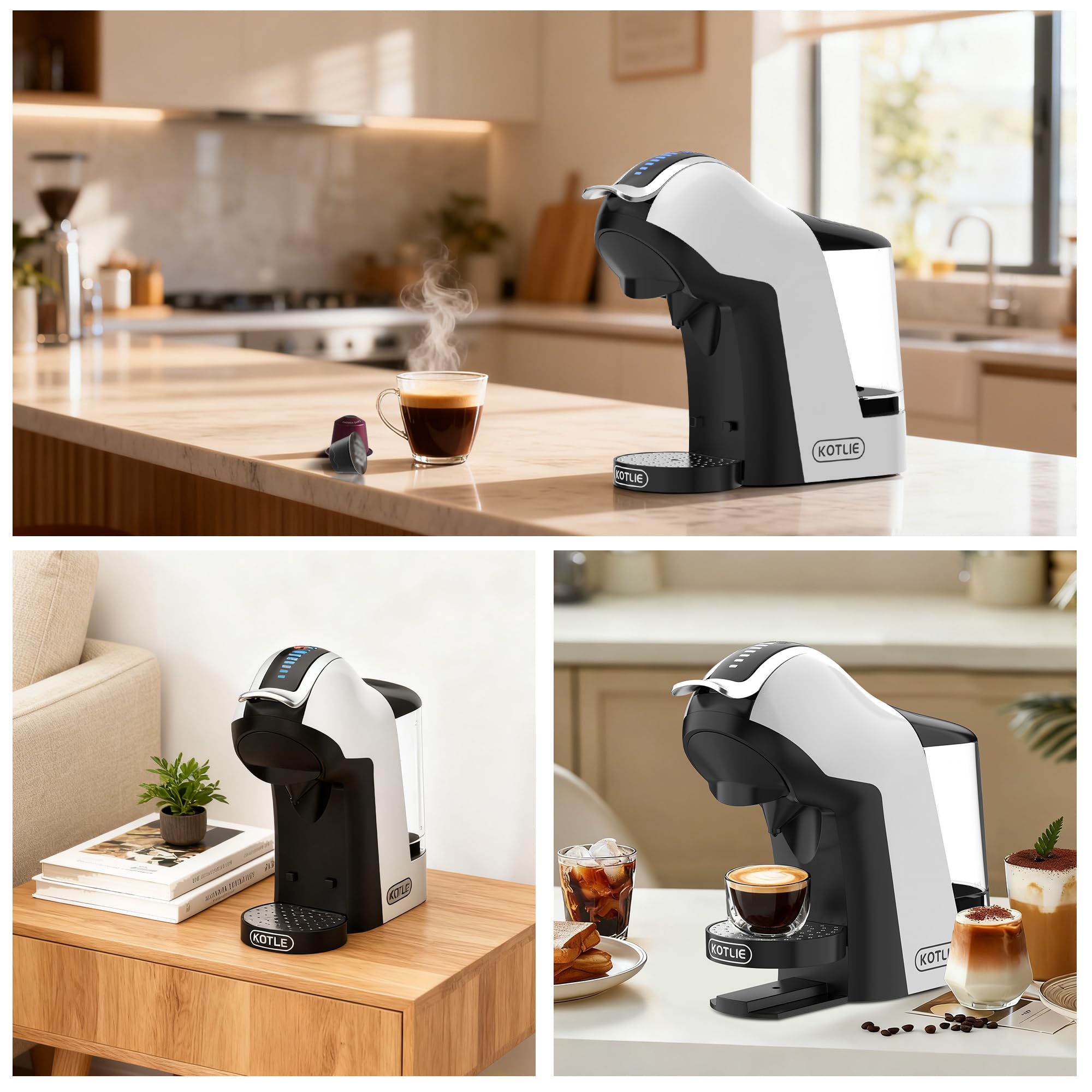 KOTLIE EM-308B Machine à café à capsules NES/DG/MIO/ESE et café moulu, réservoir d'eau de 1 litre, 3 températures d'infusion, idéale pour la cuisine, l'appartement et le bureau