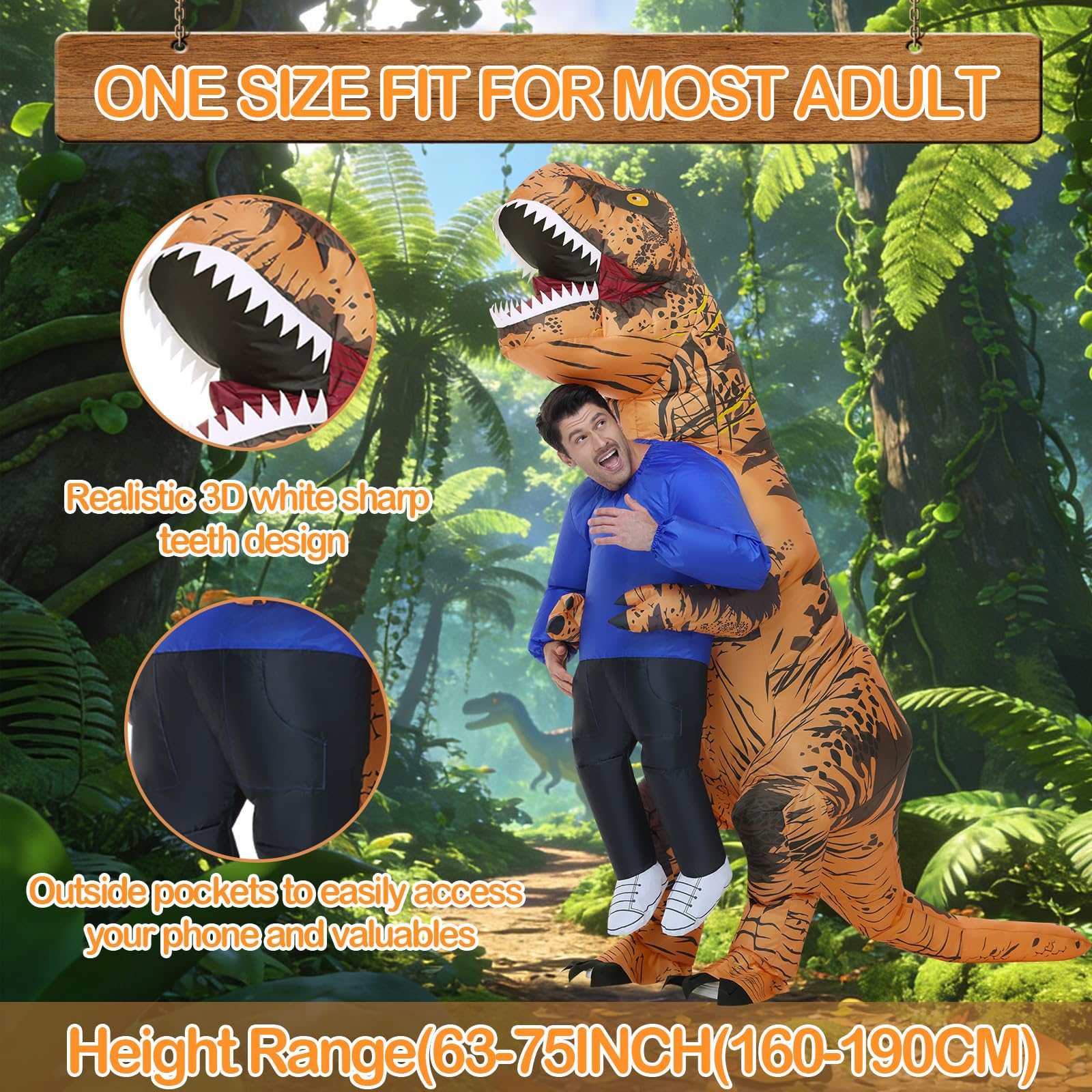Poptrend Nadmuchiwany kostium dinozaura, dla dorosłych, nastolatków, dzieci, na Halloween, zabawny kostium uprowadzenia dinozaura, na imprezę, cosplay, fantazyjny kostium, dla mężczyzn i kobiet