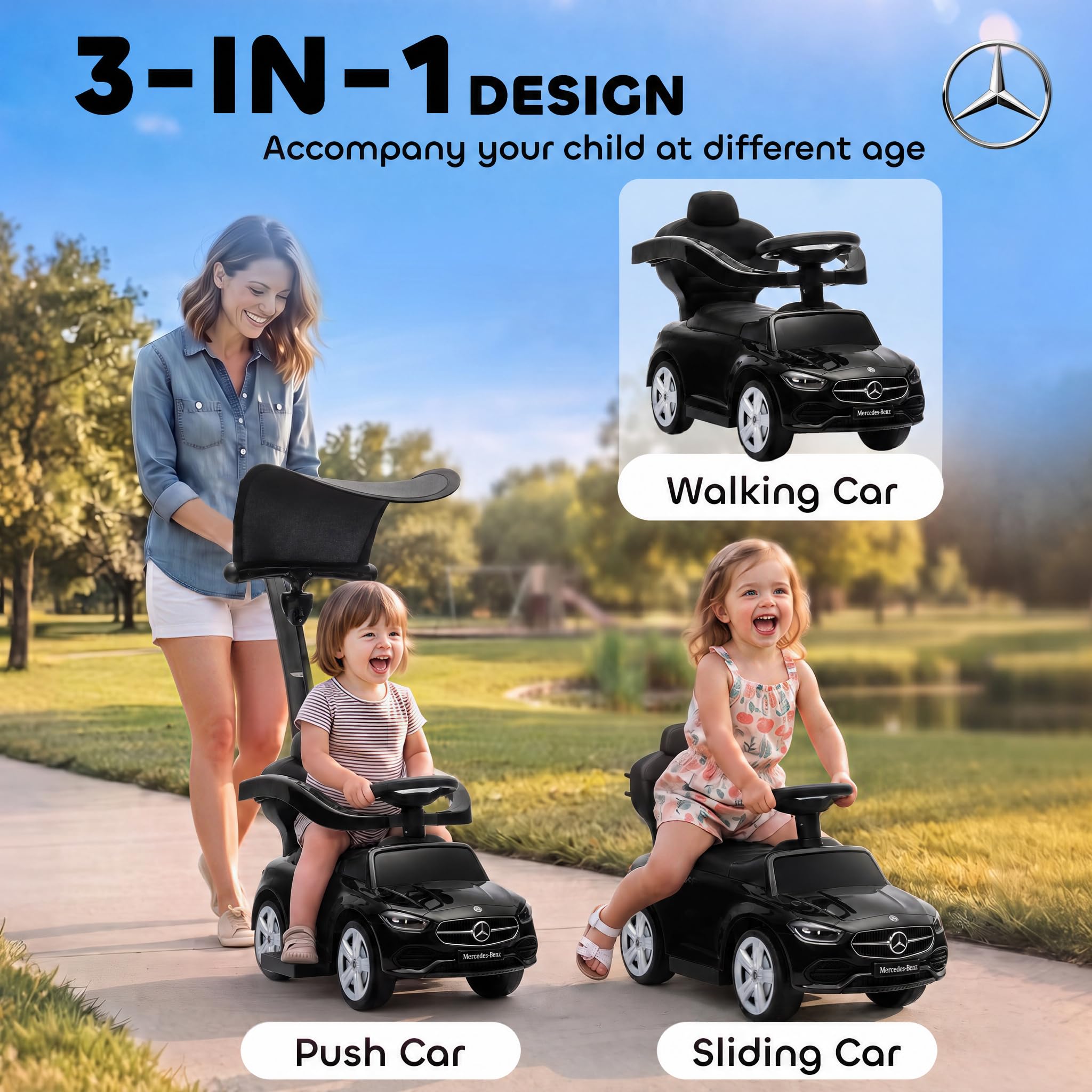 AIYAPLAY jeździk-pchacz 3 w 1 dla dzieci, na licencji Mercedes-Benz, z rączką do pchania, daszkiem, barierkami, klaksonem, muzyką i schowkiem, 12-36 miesięcy, czarny