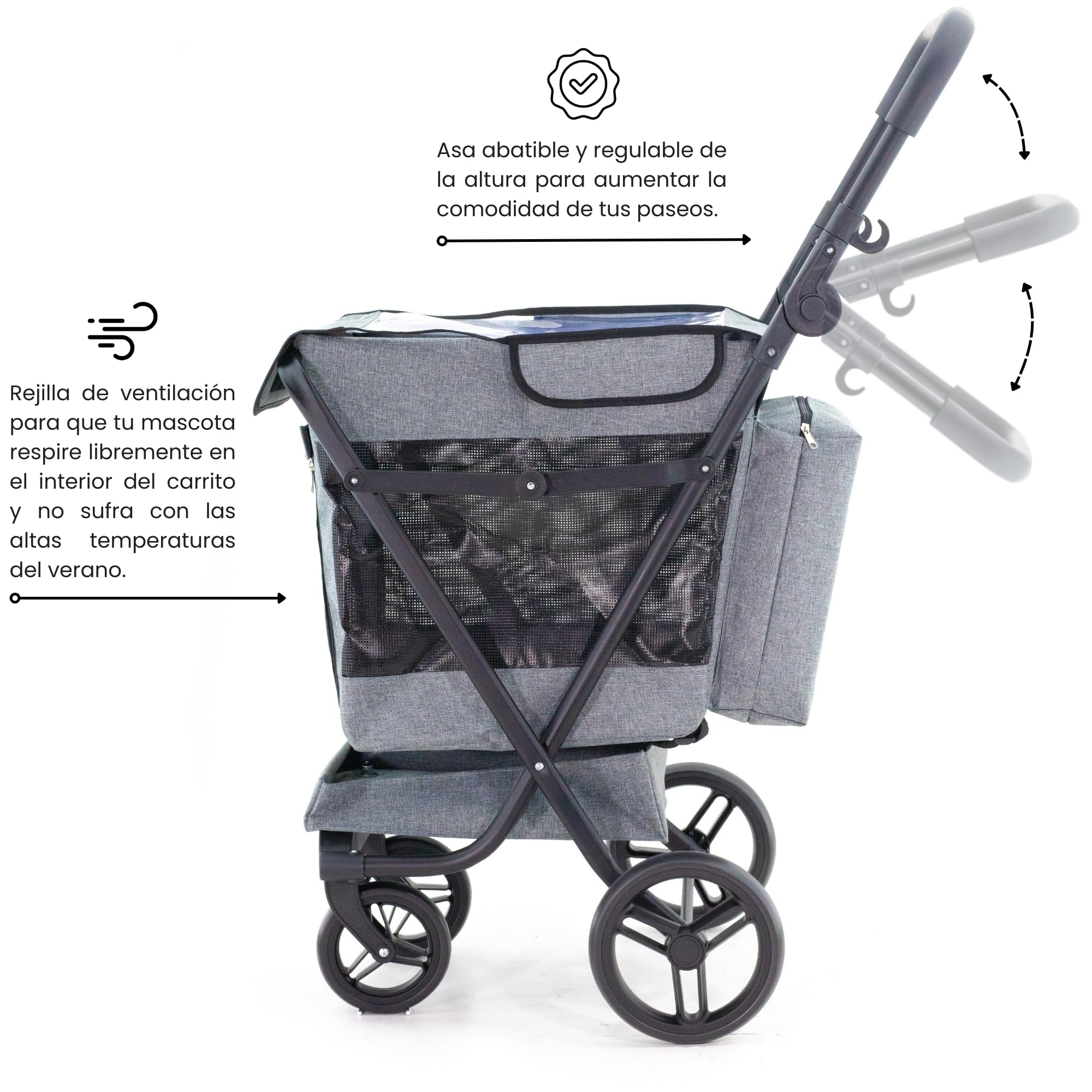 GARMOL Jumbo Pet Carrito para Mascotas Plegable 66L hasta 8kg | 4 Ruedas con 2 Giratorias, Capota Transparente Impermeable, Bolsa 9L y Bandeja 6L | Carro para Perros Pequeños y Medianos (Gris)