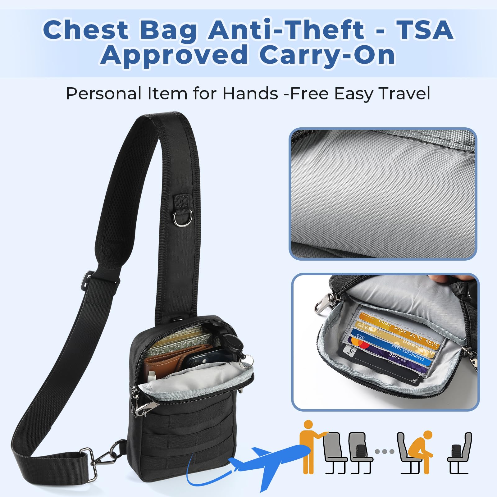 Anti Diebstahl Sling Bag Taktische Wasserdicht Klein Umhängetasche Chest Schwarz Crossbody Bag Brusttasche Herren Schultertasche Tasche Handtasche mit Reißverschluss Lock und RFID-Blockierung