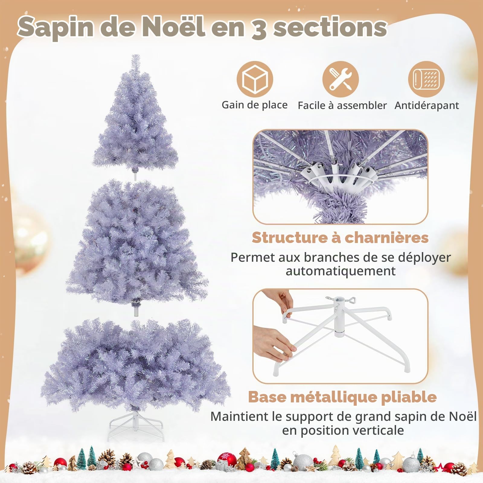 GYMAX Sapin de Noël Artificiel 180cm Violet Lumineux LED avec 250 Lumières Blanc Chaud, 8 Modes d'Éclairage, 688 Branches à à Sequins, Décoration de Fête pour Domicile, Bureau