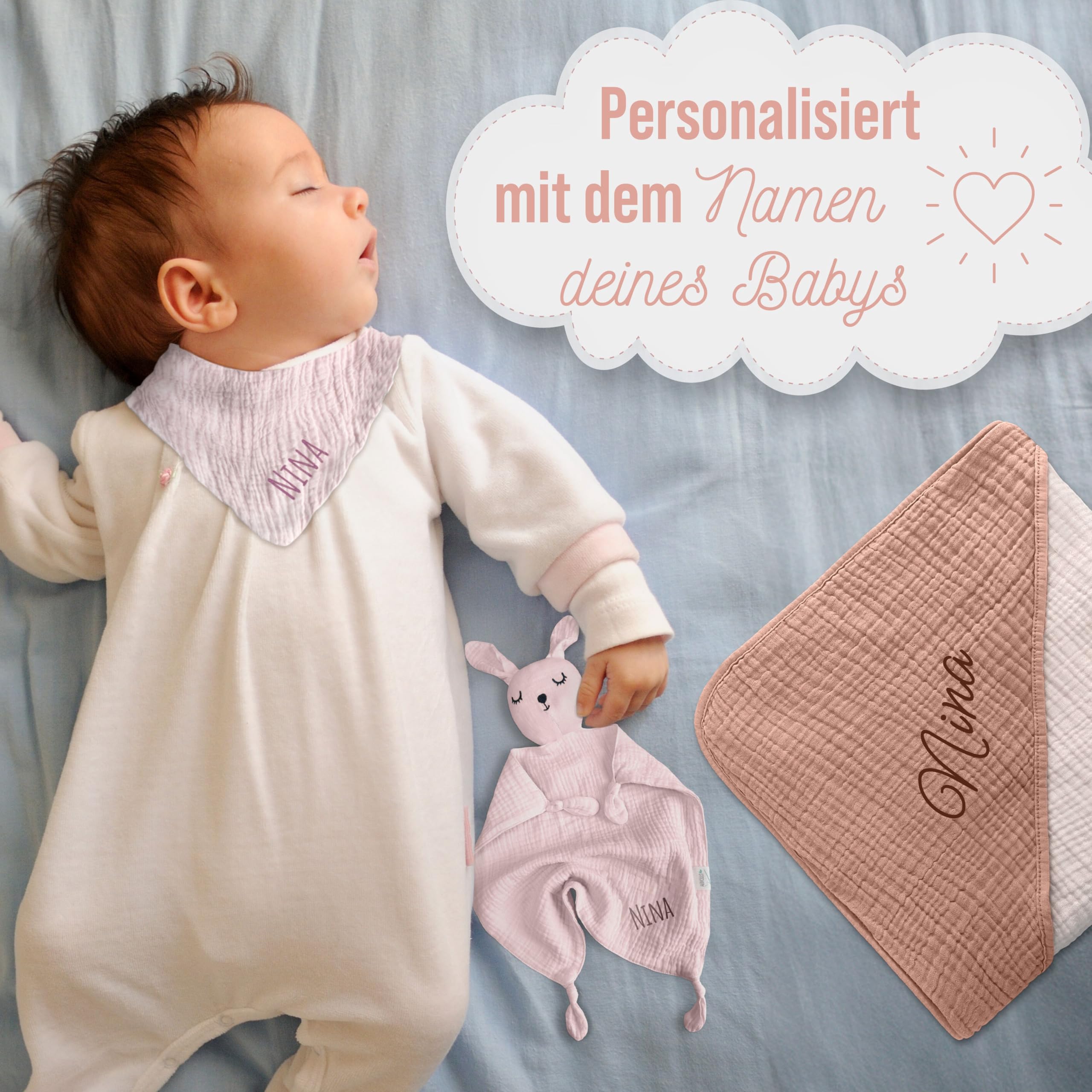 Newborn Baby Set mit Namen bestickt, Oeko-TEX® Standard 100 - Personalisiertes Geschenk Set 3-teilig für Neugeborene aus weichem Musselin (Rosa, Personalisiert)