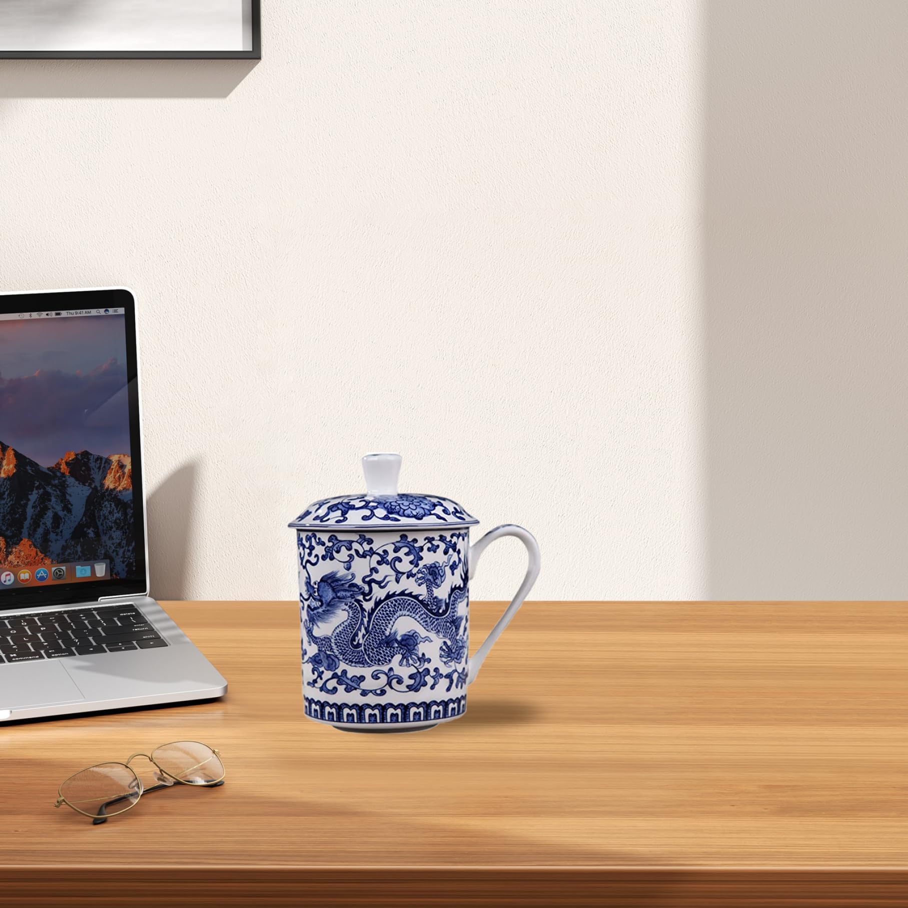 Tazza da tè in Ceramica Blu e Bianca di capacità da 500 ml con Coperchio e Manico, Tazze da tè Cinesi per Foglie sfuse, Ufficio a casa