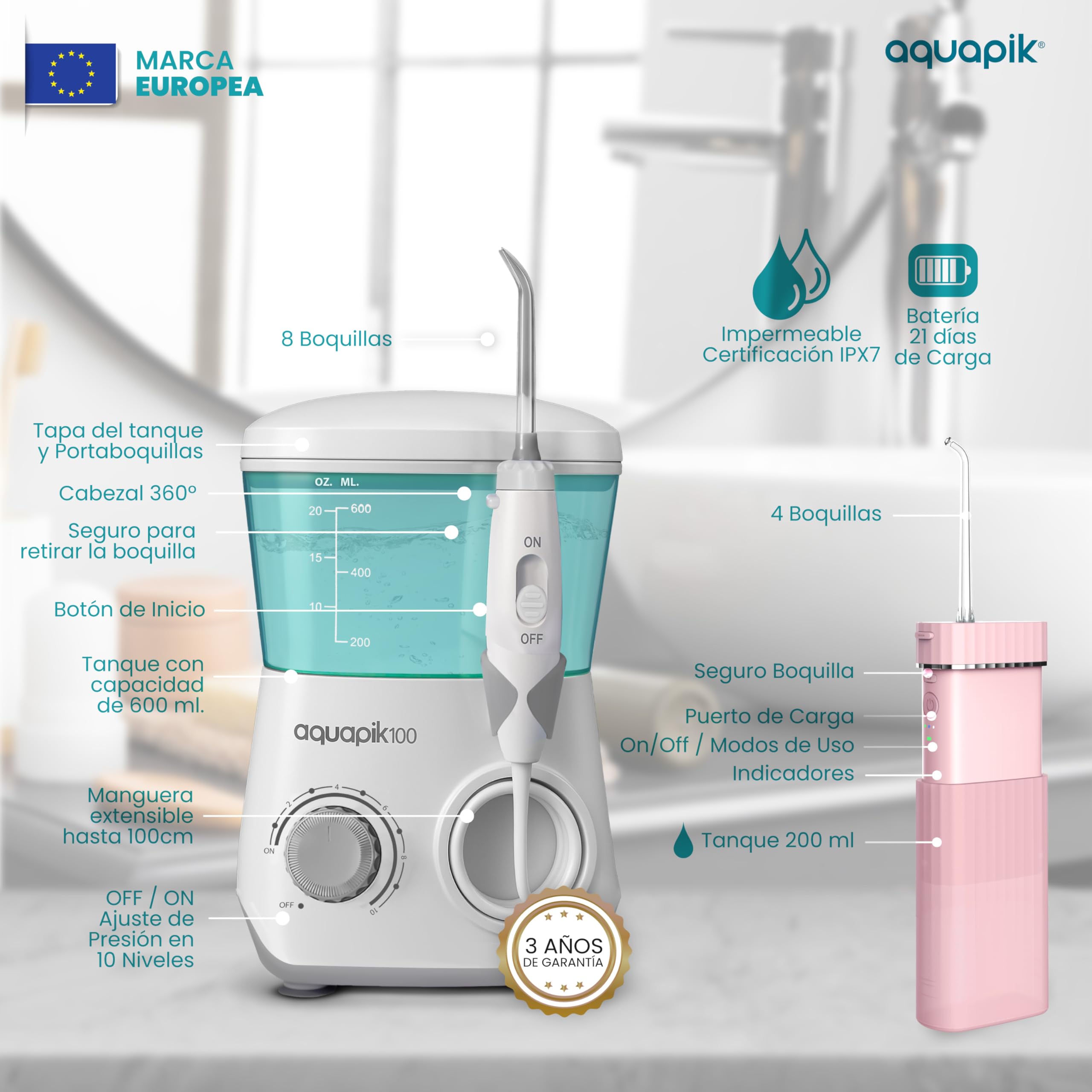 Pack de Irrigadores Dentales Aquapik: sobremesa + Mini Portátil | Recomendado por dentistas + Elimina la Placa + Cuida tus Implantes y Ortodoncia |Higiene Bucal Profunda (B. Blanco-Rosa)