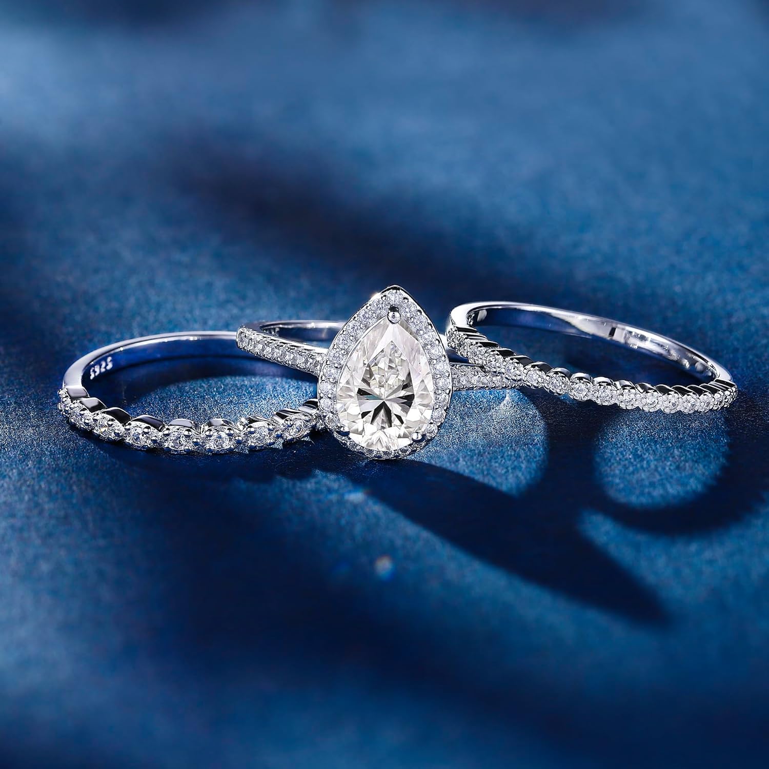 3PCS Wedding Ring Sets for Women Bridal Ring Set 925 Sterling Silver AAAAA Cz Pear Cut Wedding Band for Her Size 5-10 - Image 3