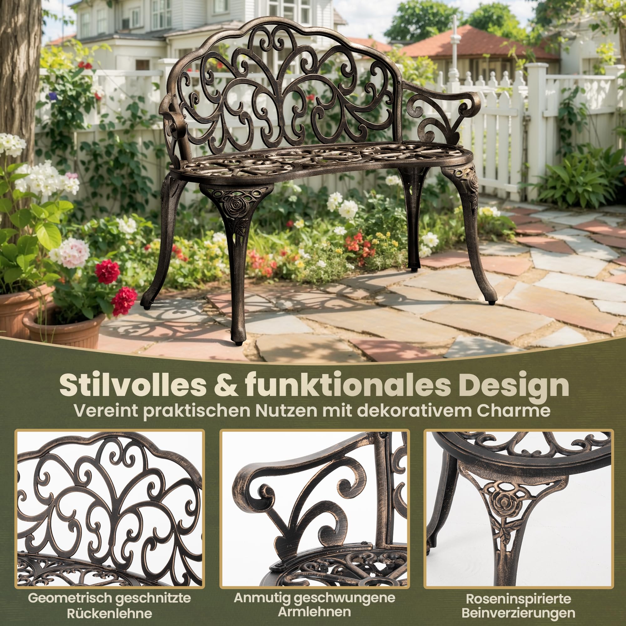 Pamapic Gartenbank 2 Sitzer, Gartenbank Wetterfest Alu mit Vintage-Schnitzdesign, Sitzbank Outdoor mit Rückenlehne und Armlehnen, Parkbank für Garten, Balkon, Veranda, Bronze
