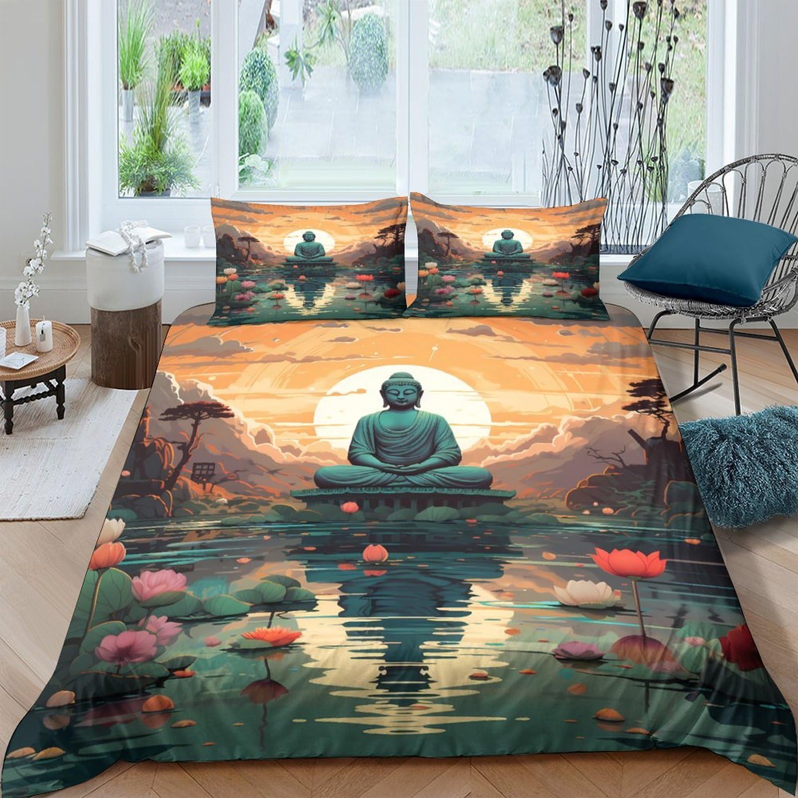Ctjqhvkz Style-2 3D Printed Buddha Sunset Fitted Sheet Microfiber Lotus Reflection Mattress Cover For Bedroom Dorm Bed Protection Decor Single（135X200cm）