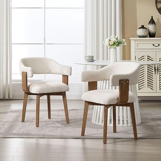 Wahson Beige Upholstered Mid Century Modern Dining Chairs Set of 2 with Wooden Legs and Armrest
