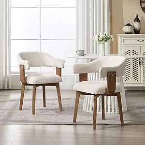 Wahson Beige Upholstered Mid Century Modern Dining Chairs Set of 2 with Wooden Legs and Armrest