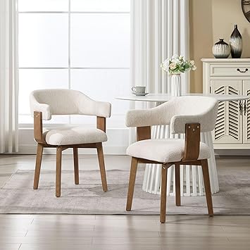 Wahson Beige Upholstered Mid Century Modern Dining Chairs Set of 2 with Wooden Legs and Armrest
