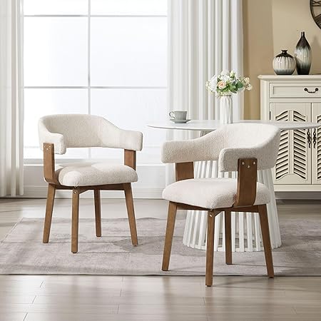 Wahson Beige Upholstered Mid Century Modern Dining Chairs Set of 2 with Wooden Legs and Armrest