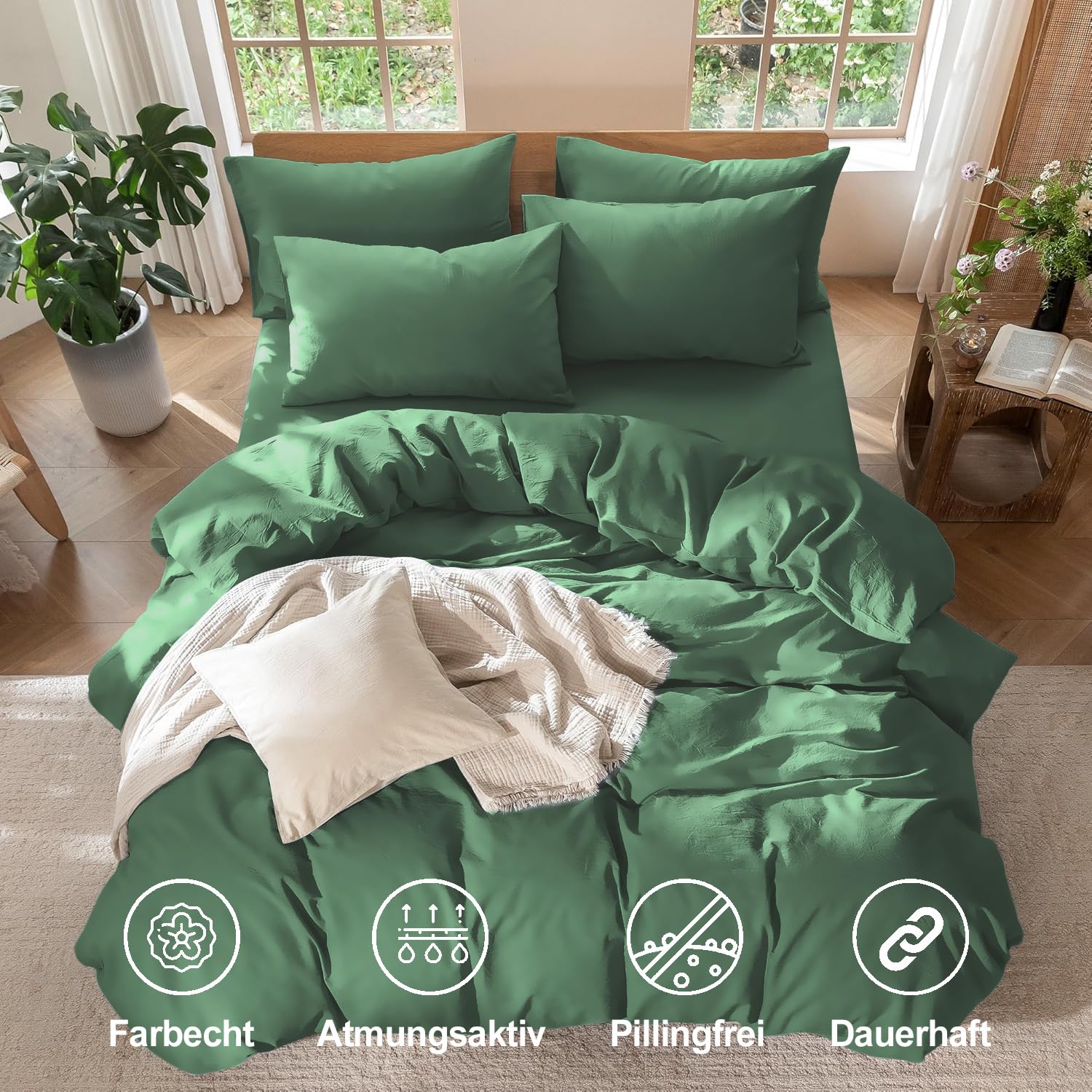 Boqingzhu Juego de ropa de cama de 220 x 240 cm, algodón egipcio, color verde salvia, suave, no necesita planchado, juego de ropa de cama doble de algodón, funda nórdica de 220 x 240 cm y fundas de