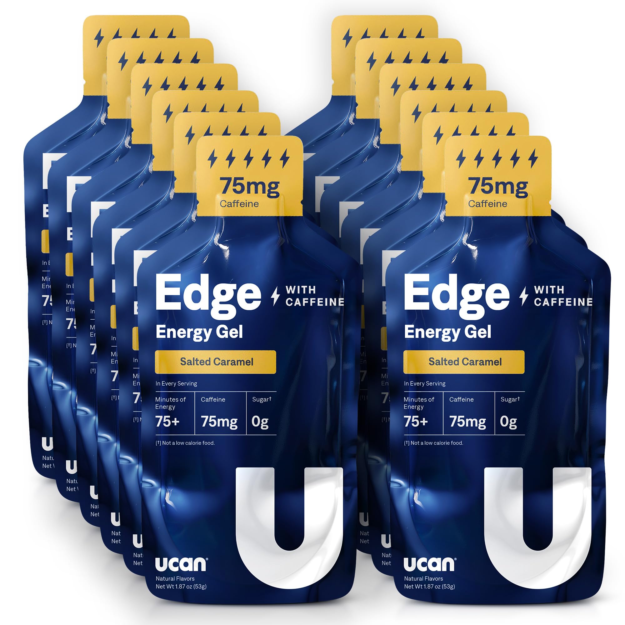 UCAN Edge Energy Gel Shots, Salted Caramel + Caffeine (12, 2 Ounce Packets) for Running, Training, Workouts, Fitness, Cycling, Crossfit | Sugar-Free, Vegan, &amp; Keto Friendly Energy