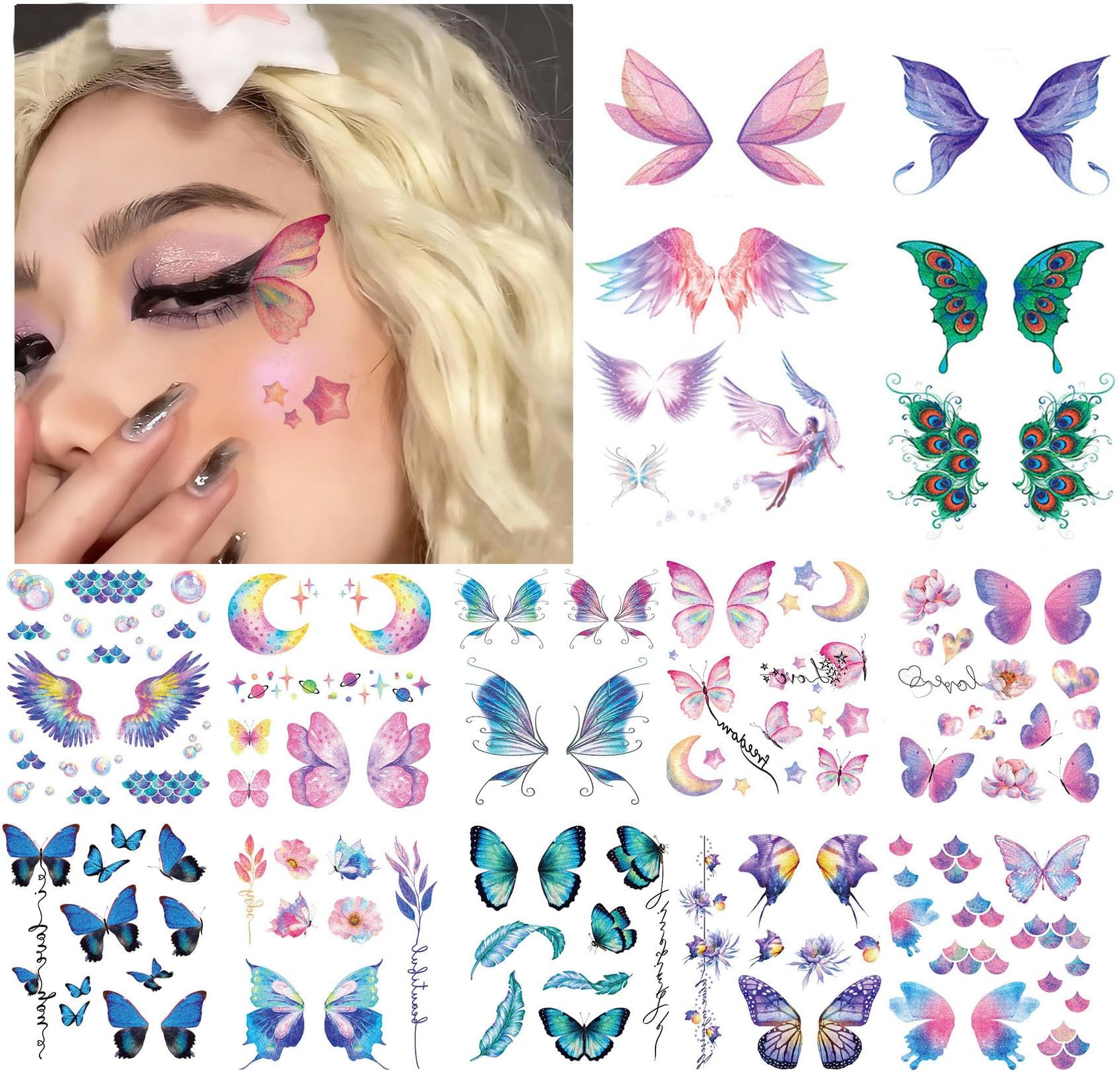 14 Sheets Glitter Butterfly Temporary Tattoos Sticker for Women Girls Eye Face Makeup Decoration, Flash Fairy Body Art Shiny Butterflies Waterproof Fake Tattoos for Festival Party Eye Decor