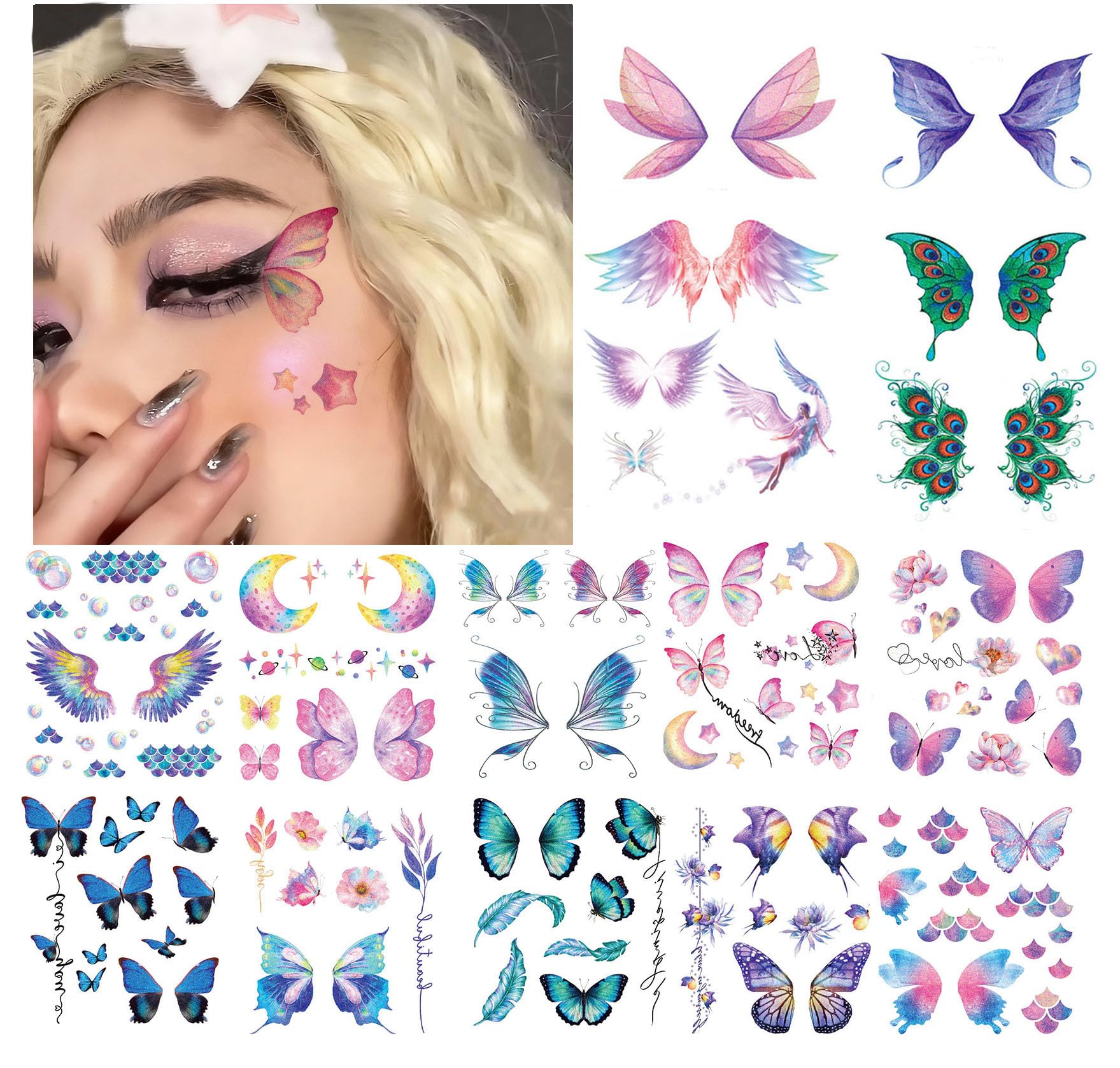 14 Sheets Glitter Butterfly Temporary Tattoos Sticker for Women Girls Eye Face Makeup Decoration, Flash Fairy Body Art Shiny Butterflies Waterproof Fake Tattoos for Festival Party Eye Decor
