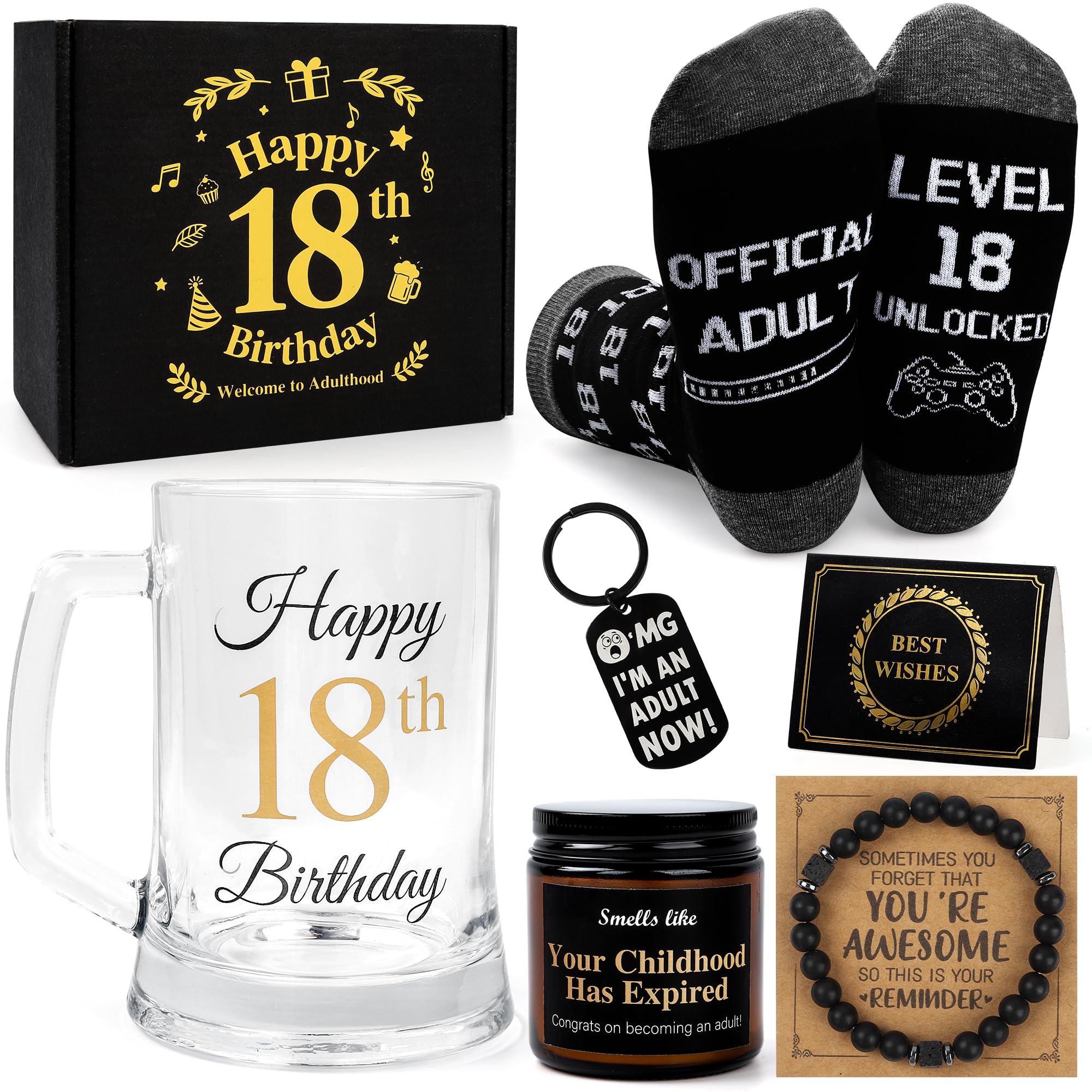 Festivora 18th Birthday Gifts for Boys - 18 Year Old Birthday Gift Set 500ml Beer Glass, Socks, Scented Candle, Bracelet, Keychain & Greeting Card - 18th Presents for Son, Nephew, Grandson, Brother
