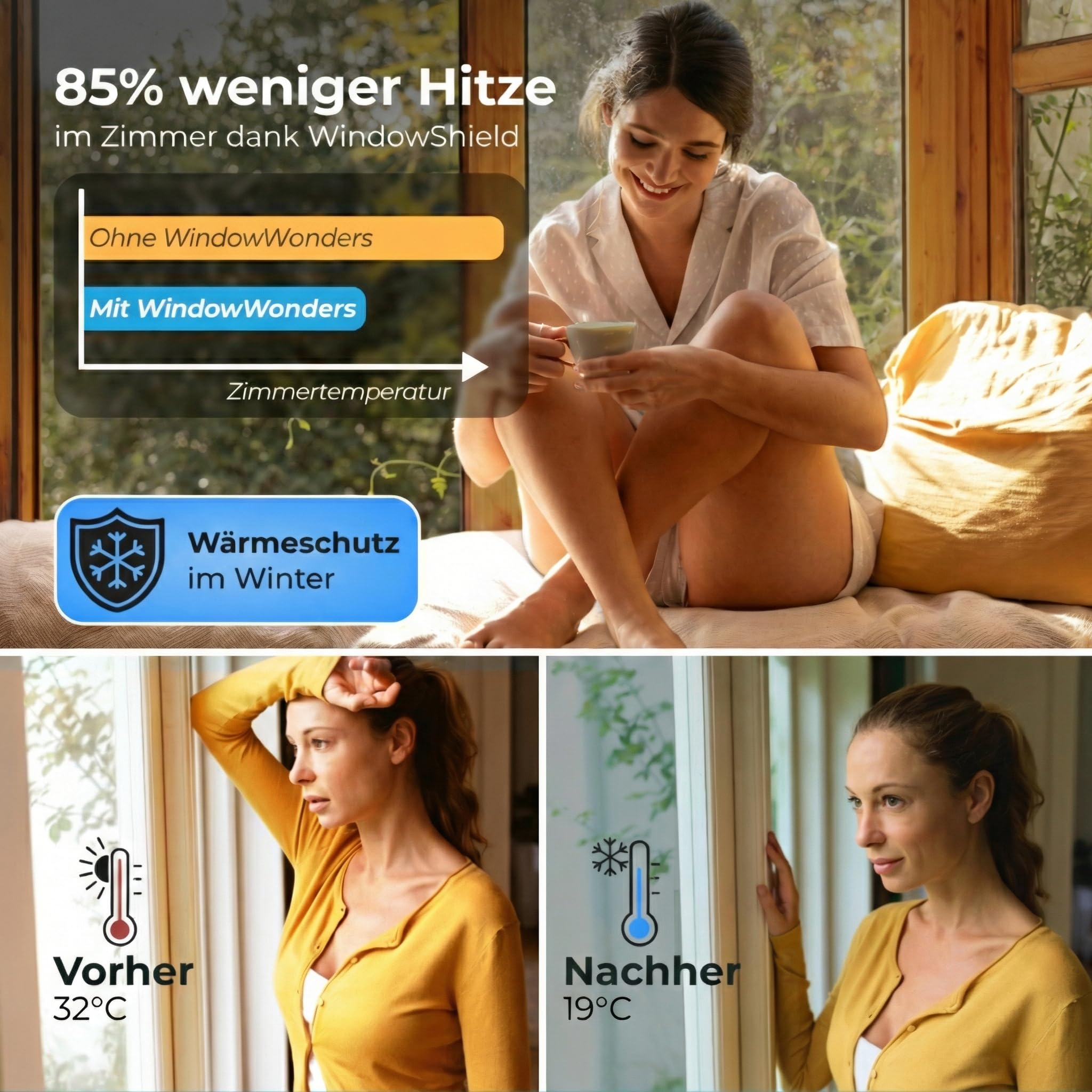 UV Sonnenschutzfolie für Fenster Innen & Außen – Blickdichte Fensterfolie als Sonnenschutz Folie – Selbstklebende Hitzeschutzfolie für Fenster Außen & Innen für Sommer – 90 x 200 cm