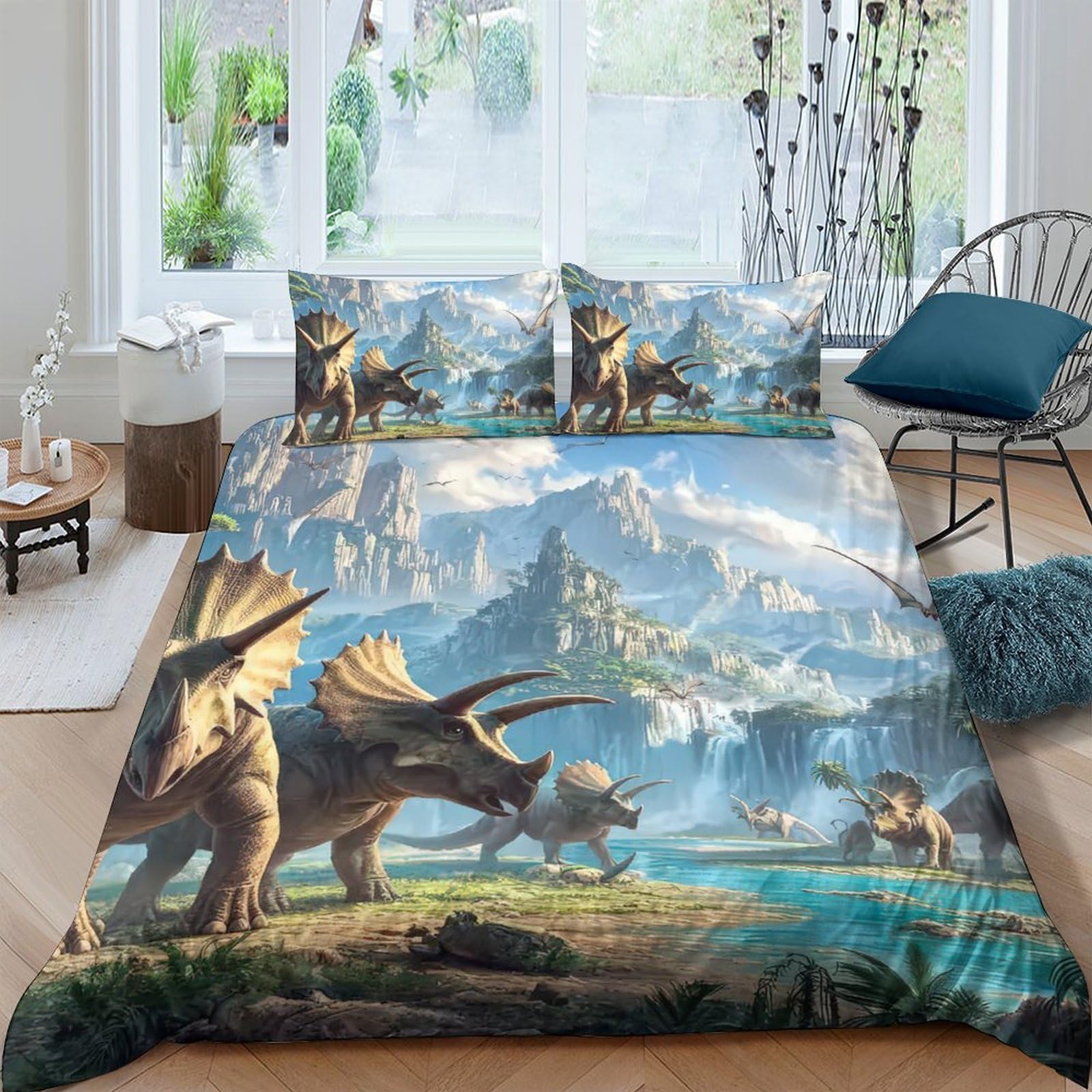 Ctjqhvkz Style-4 3D Printed Dinosaur Landscape Fitted Sheet Microfiber Soft Breathable Prehistoric Forest Mattress Cover Home Decor Single（135X200cm）