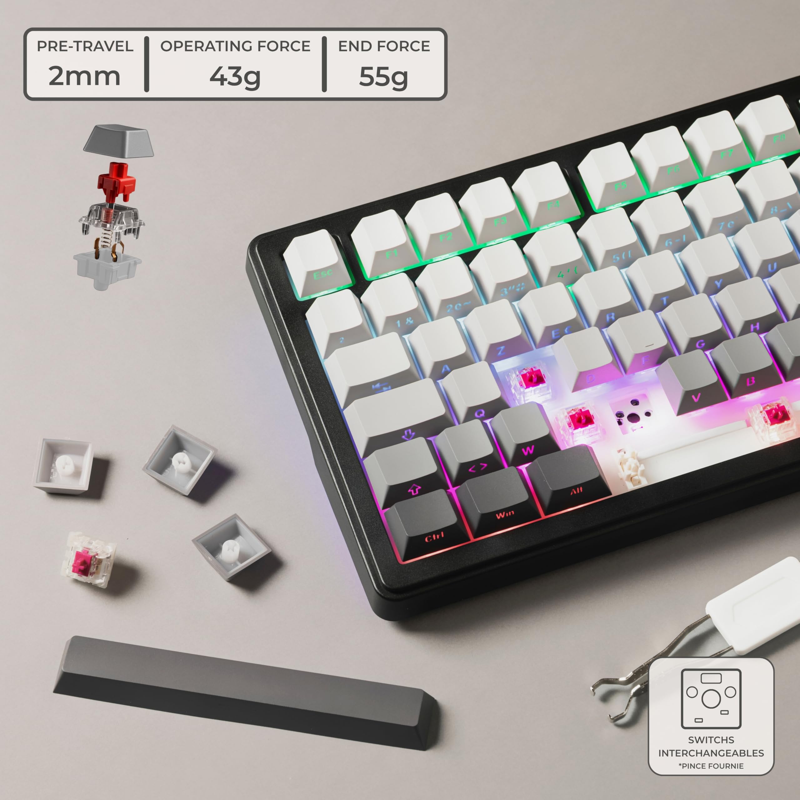 The G-Lab KEYZ Elite 300 GRG - Clavier Gamer sans Fil TKL Tri Mode 2.4 Ghz/Bluetooth/Filaire - Clavier Mécanique Hot Swap, Switchs Pré-lubrifiés, Gravur Latéral, RGB+Macro - AZERTY FR - Windows/Mac