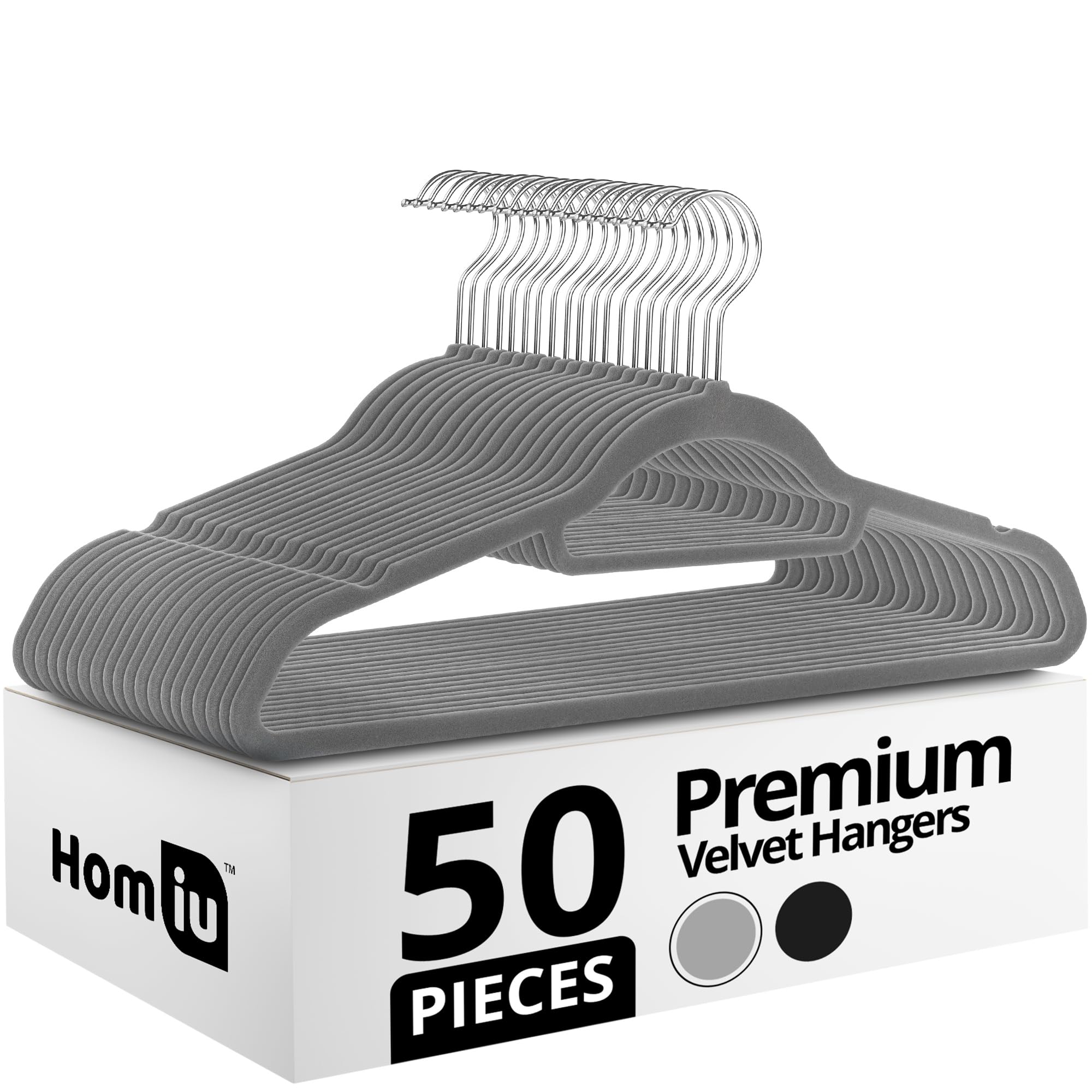 Homiu Grey Velvet Hangers 50 Pack - Non-Slip Clothes Hangers With Tie Bar & 360° Hook - Durable & Sturdy, Space-Saving Wardrobe Organisers For Suits, Jackets & Clothes- Home Storage Solution