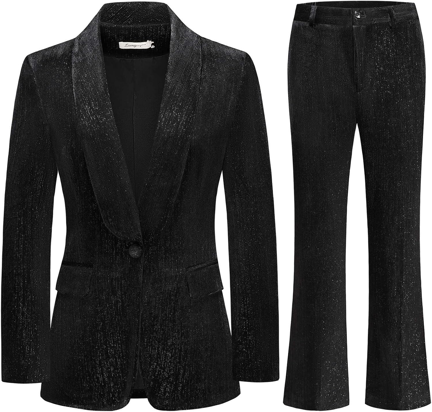 Lamgool Women Pantsuit Dressy Silver Thread Velvet 2 Piece Suit Set Blazer and Flared Pants