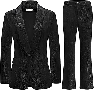 Women Pantsuit Dressy Silver Thread Velvet 2 Piece Suit Set Blazer and Flared Pants
