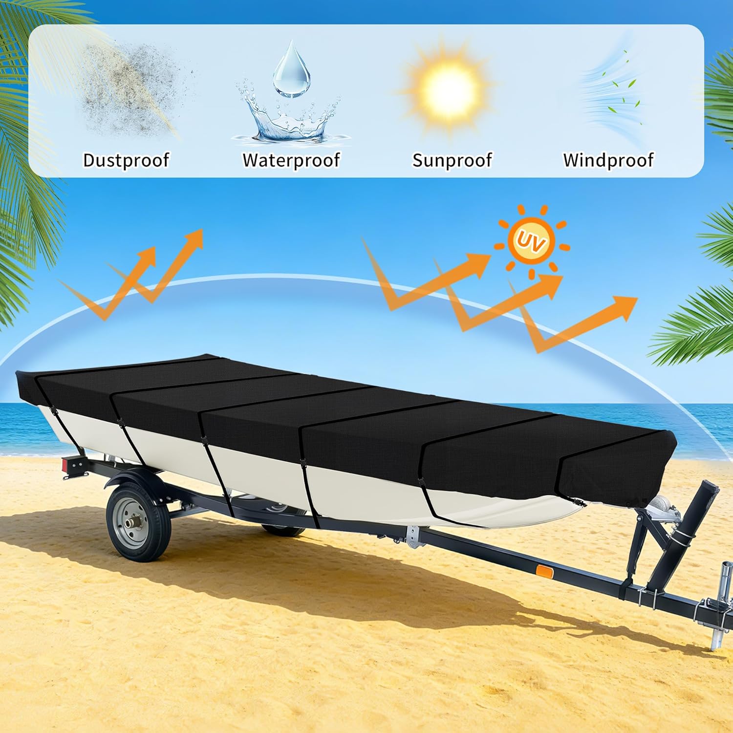iCOVER Jon Boat Cover 14ft, Heavy Duty Waterproof Marine Grade Polyester Canvas Mooring Cover, Anti-UV Trailerable Jon Boat Covers, Fits Boats 14' Long Beam Width up to 70", Black