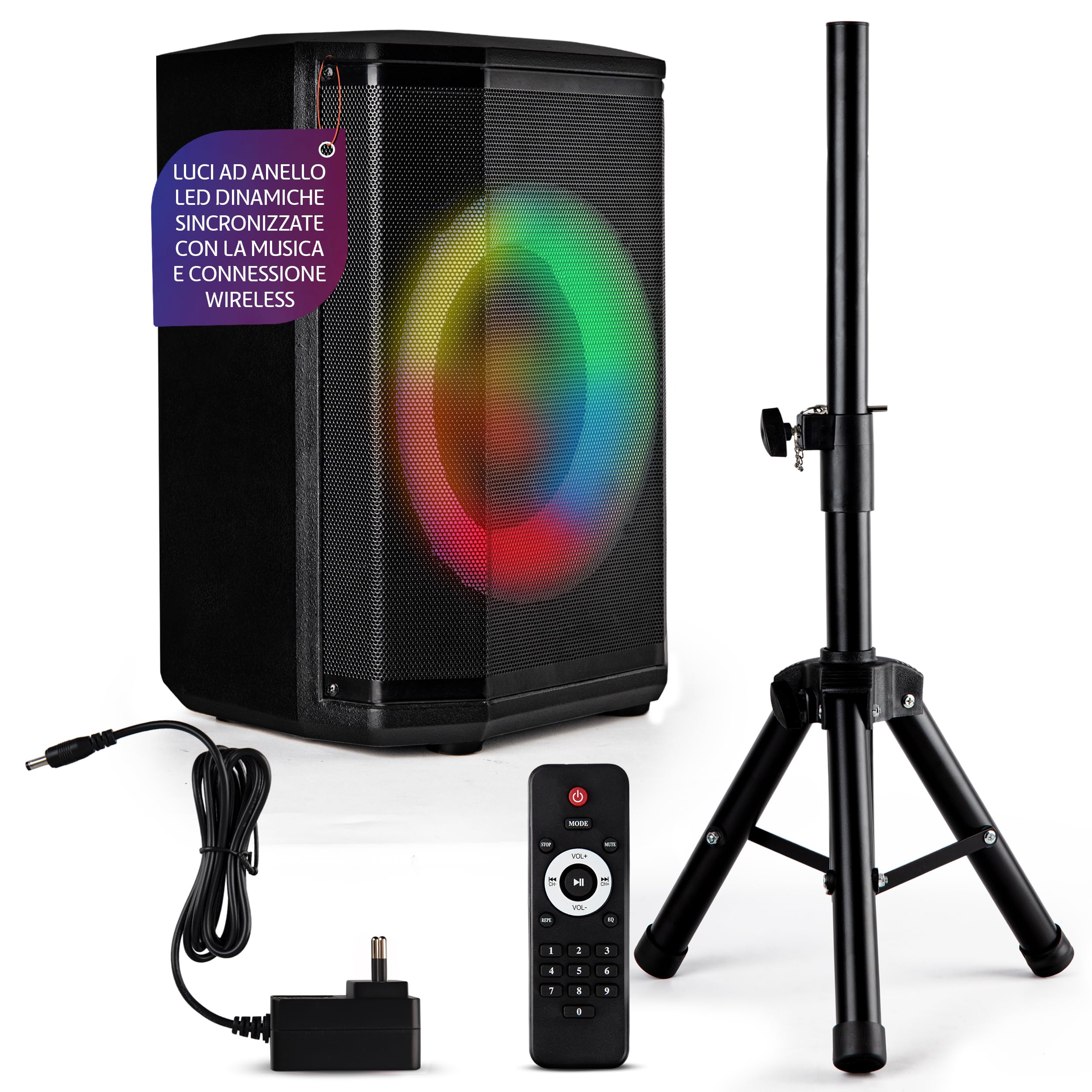 Pyle Cassa Bluetooth Potente, Altoparlante Bluetooth Portatile, Cassa Audio, Speaker, Woofer 20 cm, 120 Watt, Luci Colorate, TWS, Microfono, USB/Micro SD/FM, Tripod, Uso Interno/Esterno