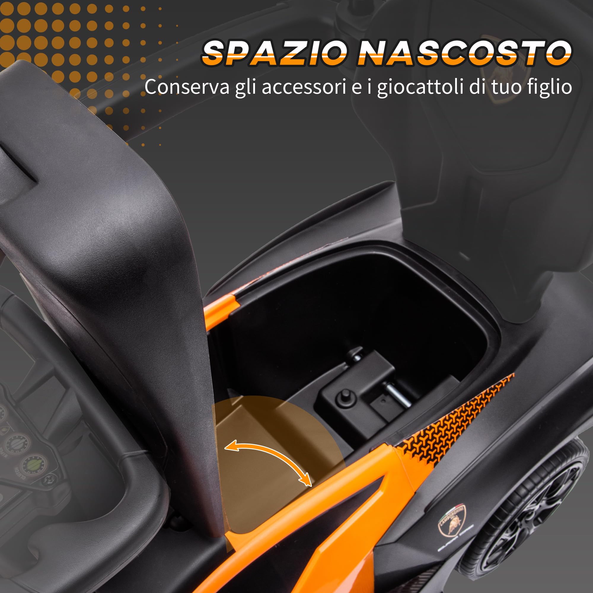 AIYAPLAY Lamborghini Macchinina per Bambini 2 in 1 con Maniglione e Barriera di Sicurezza, Volante e Clacson, Auto per Bambini in PP e Metallo, 86.5x40x89.5 cm, Arancione e Nero
